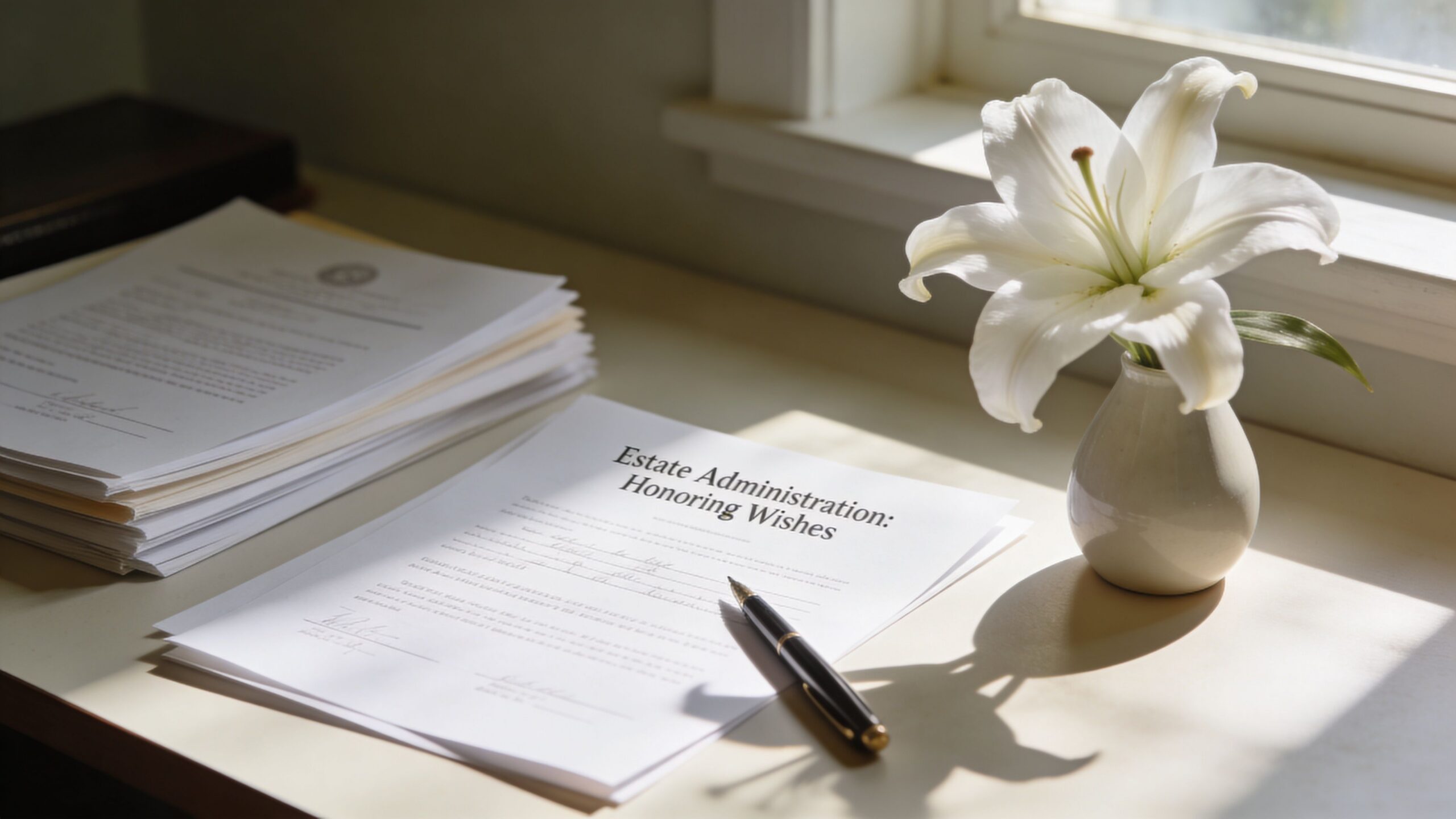 A stack of legal documents with the title Estate Administration: Honoring Wishes alongside a pen and lily.