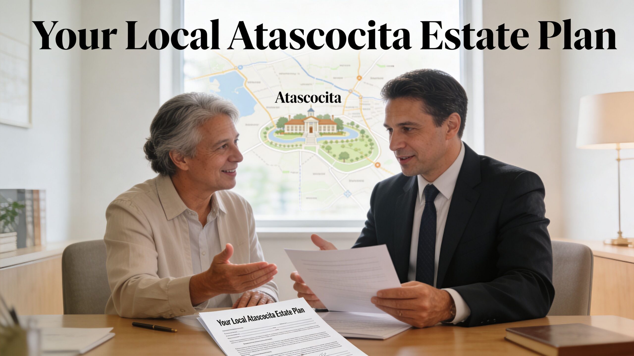 A professional estate planning lawyer consults with an older client in an office in Atascocita.