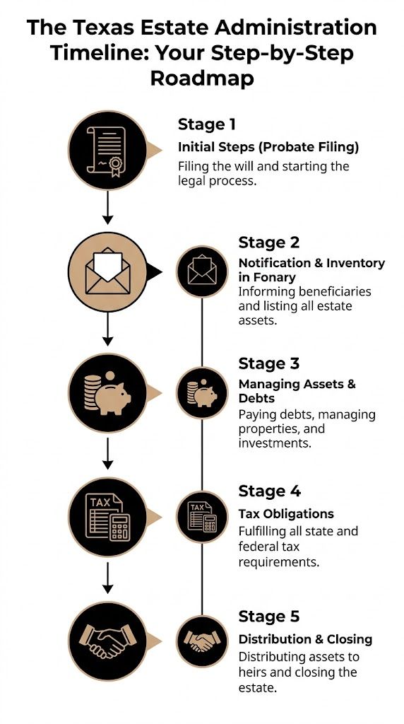 A step-by-step roadmap infographic outlining the five stages of the Texas estate administration and probate process.