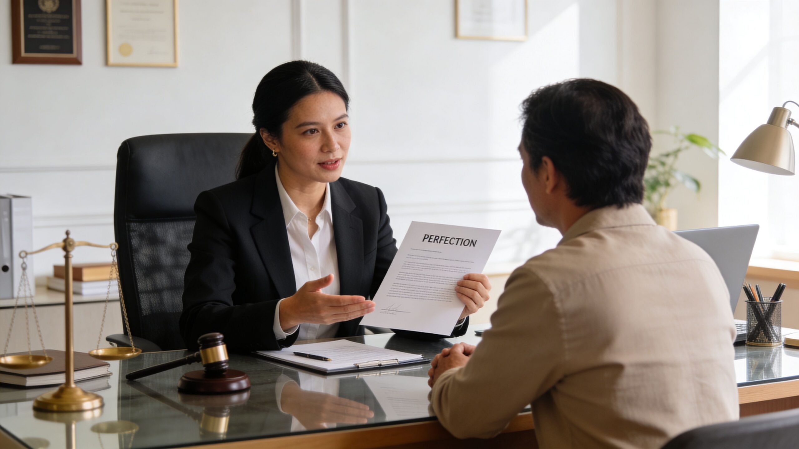 A professional female attorney presenting a legal document to her client in an office setting.