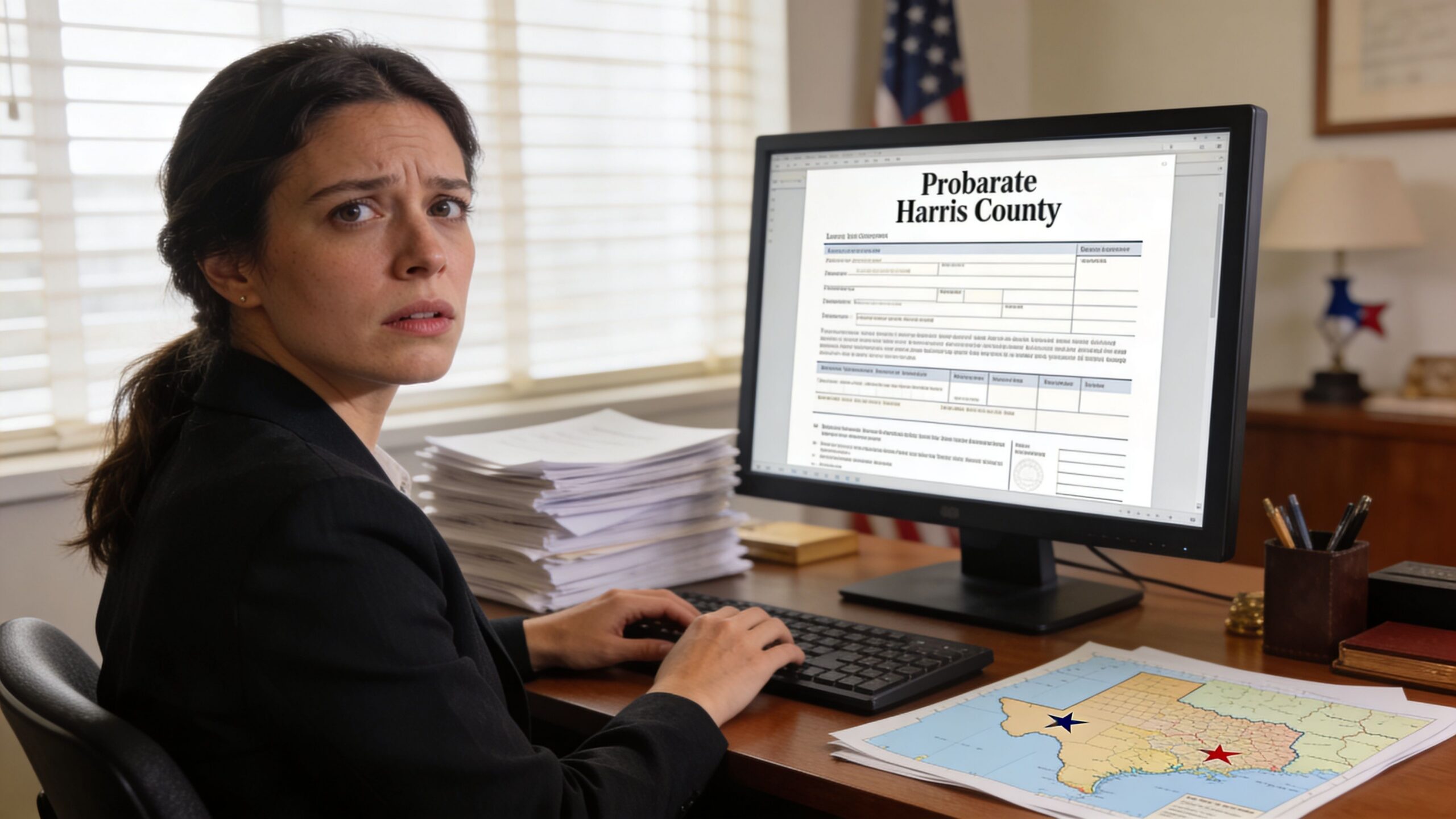A concerned woman sitting at a desk with a monitor displaying legal documents for Harris County probate.