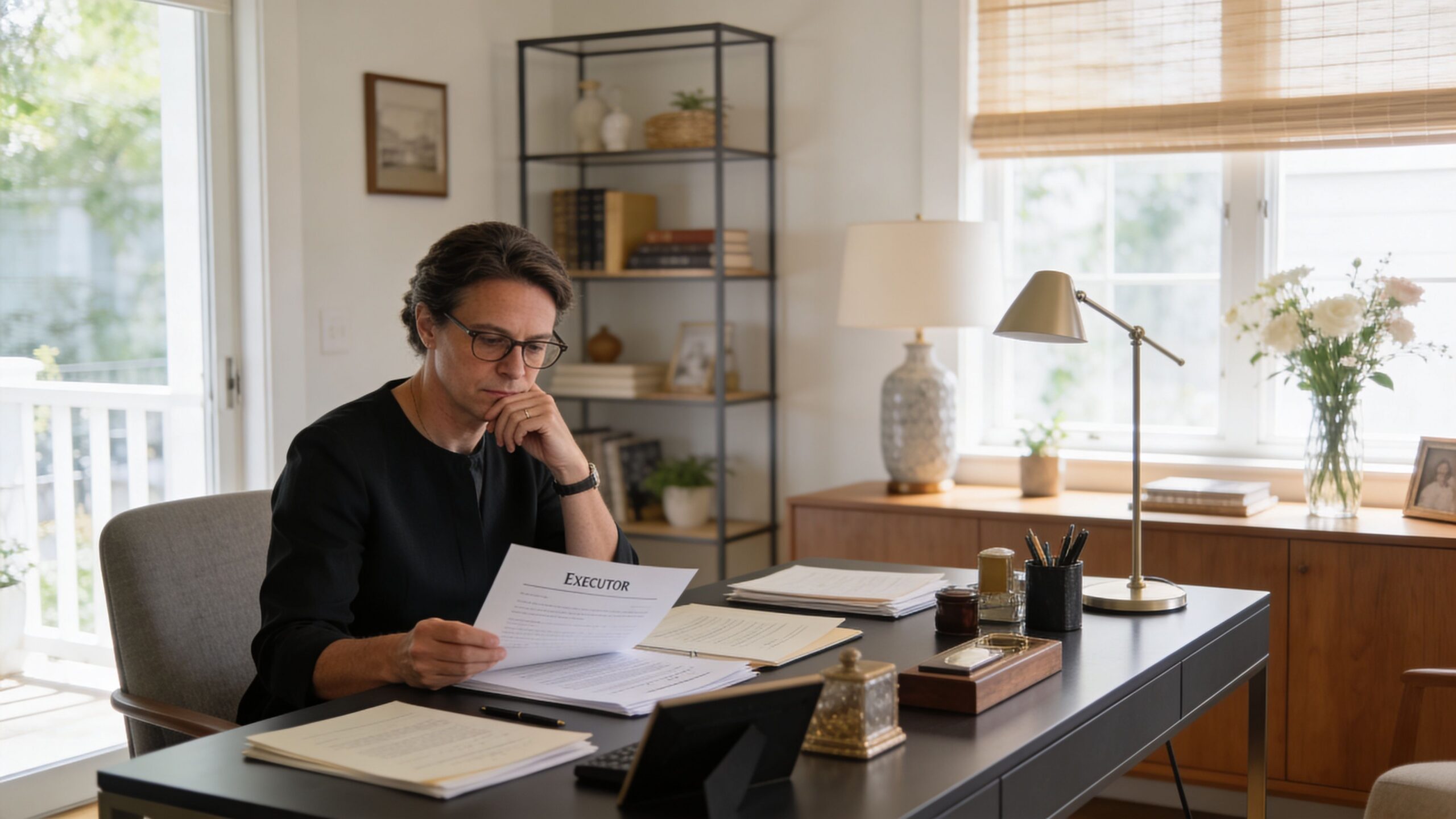 A professional man in black reading an executor document while sitting at a clean desk in office
