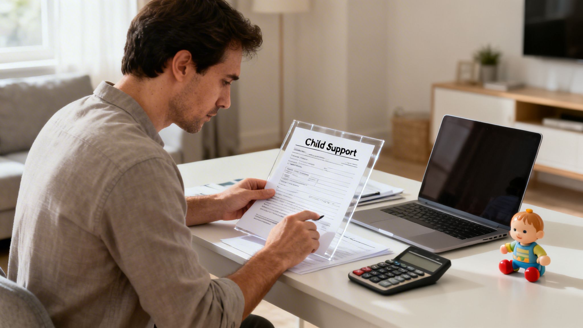 A man reviews a 'Child Support' document at a desk with a laptop and calculator.