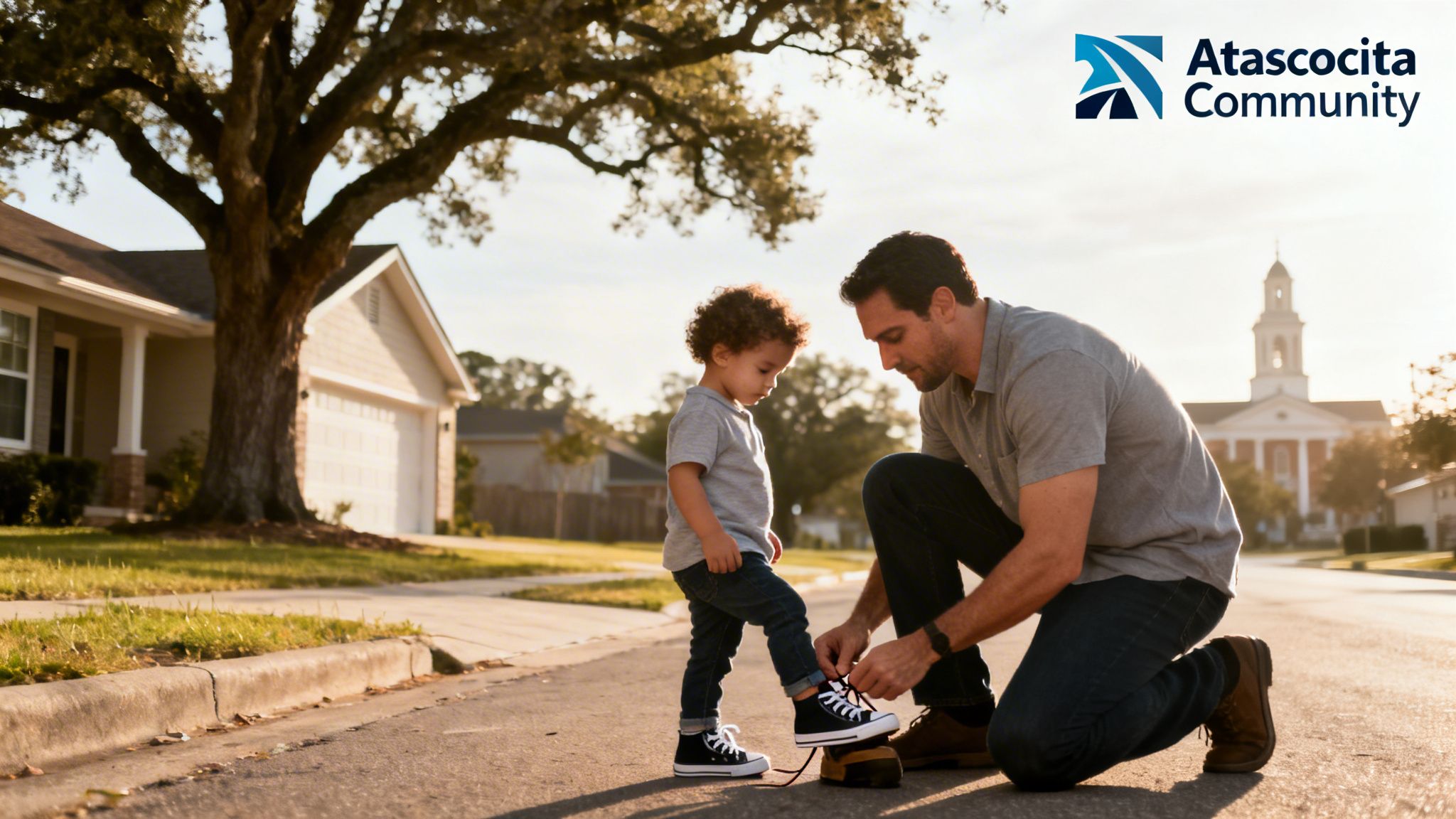 A caring father ties his young son's shoelace on a sunny residential street.