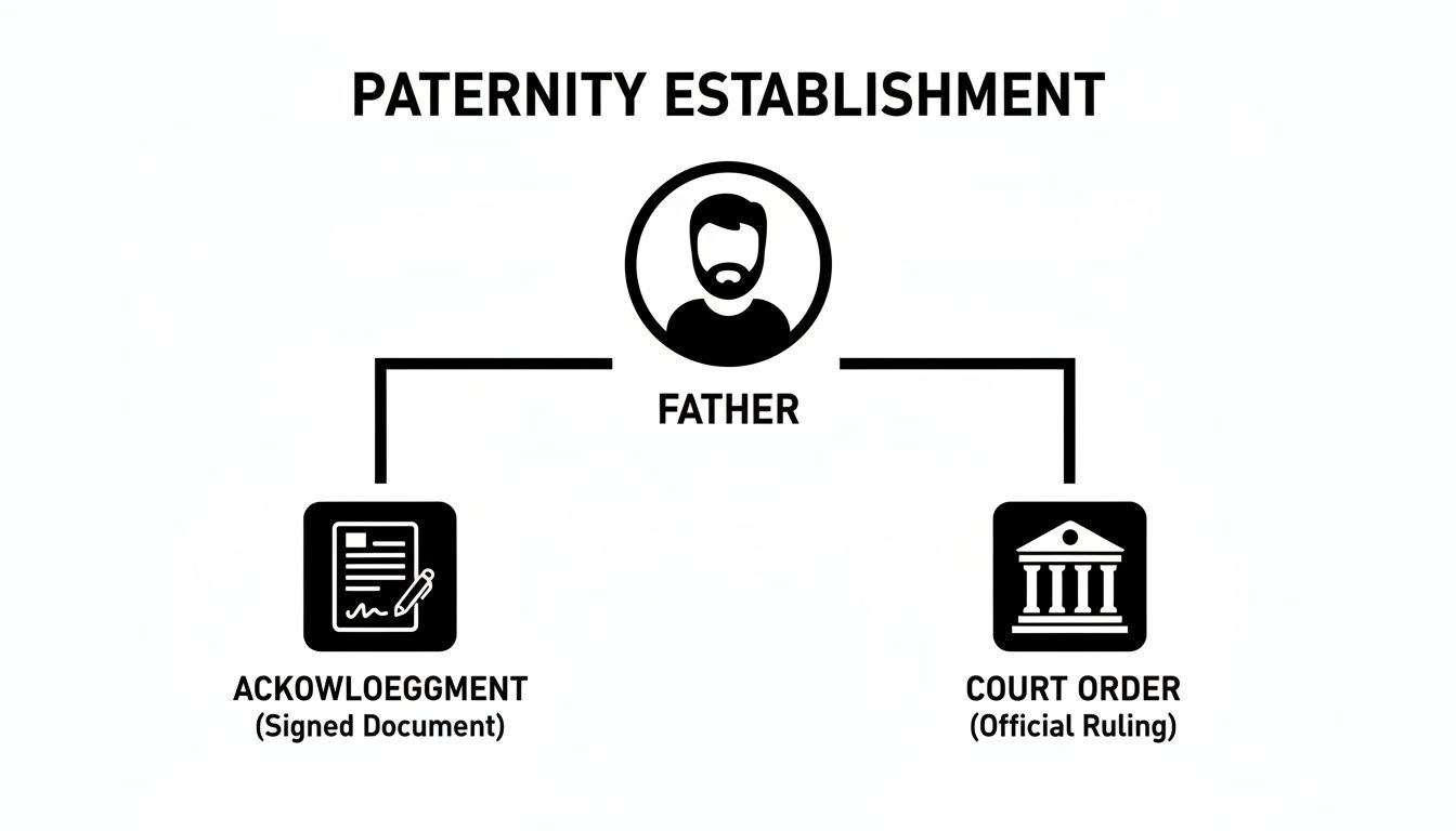 A diagram illustrating the two primary methods for establishing paternity: acknowledgement via a signed document or through a court order.