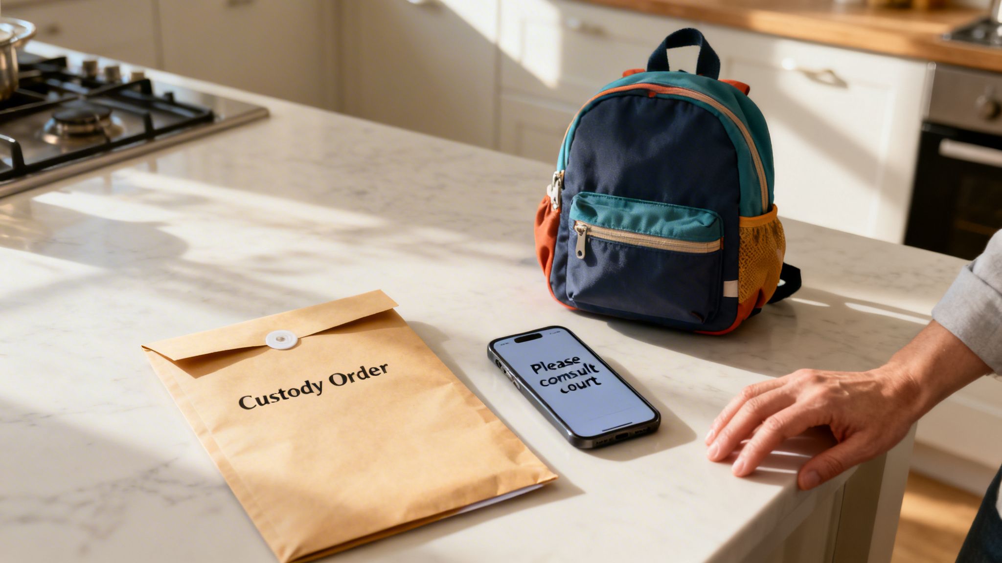 A 'Custody Order' envelope, child's backpack, and a phone displaying 'Please consult court' on a counter.