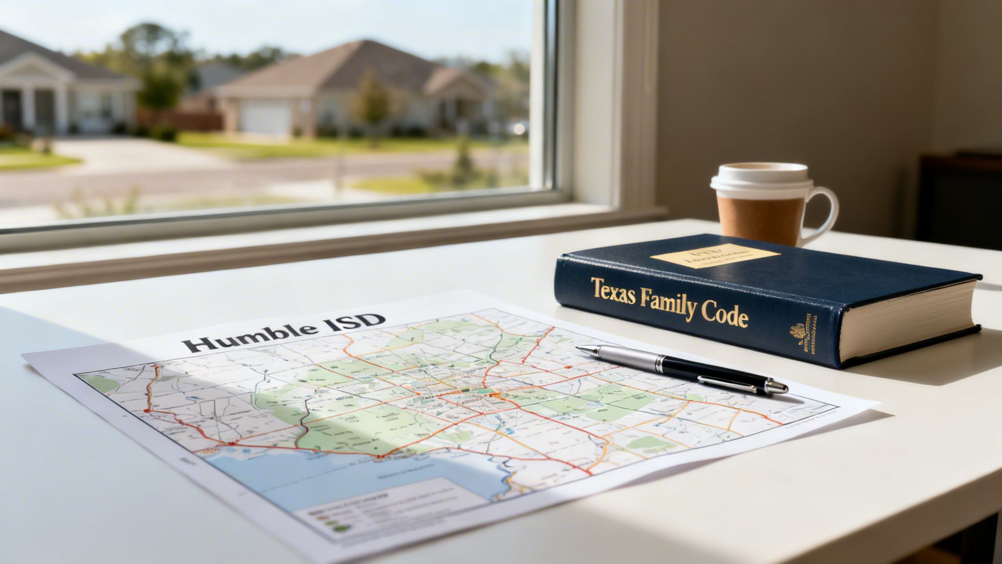 A map labeled 'Humble ISD' next to a 'Texas Family Code' book, pen, and coffee on a desk.