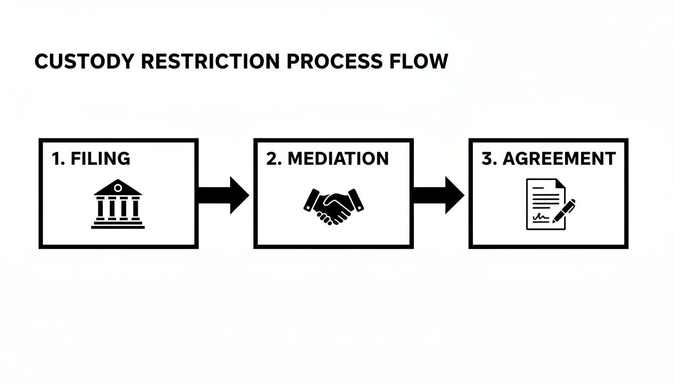 Custody restriction process flow diagram showing filing, mediation, and agreement steps with icons.