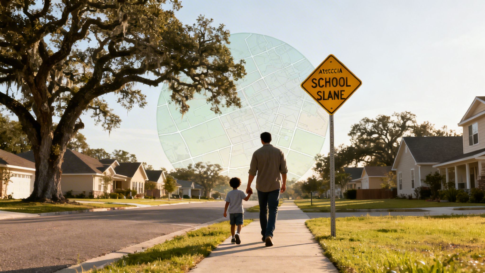 Father and son walk hand-in-hand on a sidewalk past houses under a school zone sign with a map overlay in the sky.