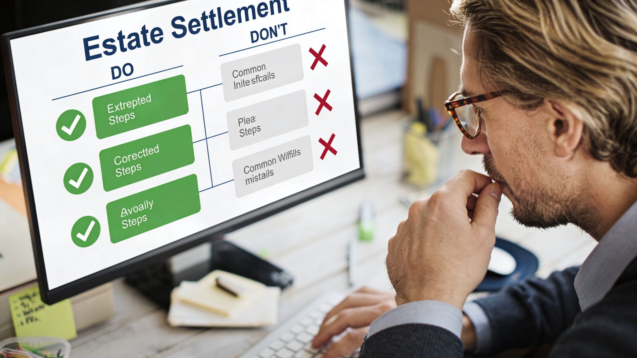 A professional man looks at a computer monitor displaying an estate settlement chart with do and don't steps.