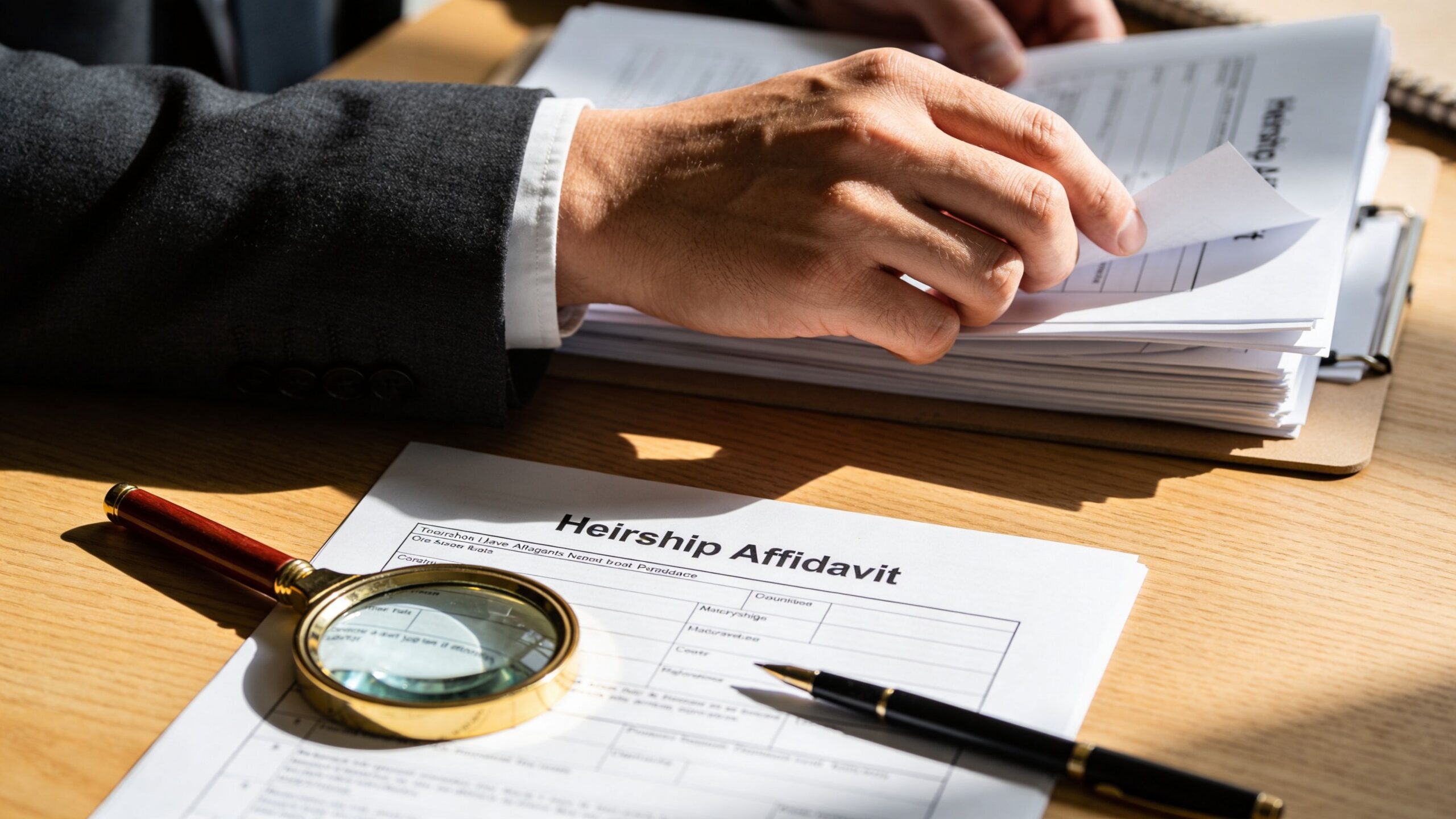 A professional attorney reviewing legal heirship affidavit documents at a wooden desk with a magnifying glass.