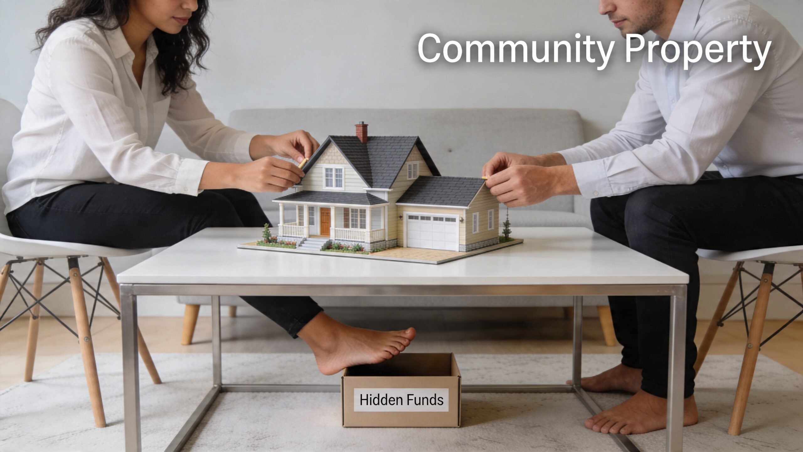 A couple sits at a table with a house model while hiding a box labeled Hidden Funds.