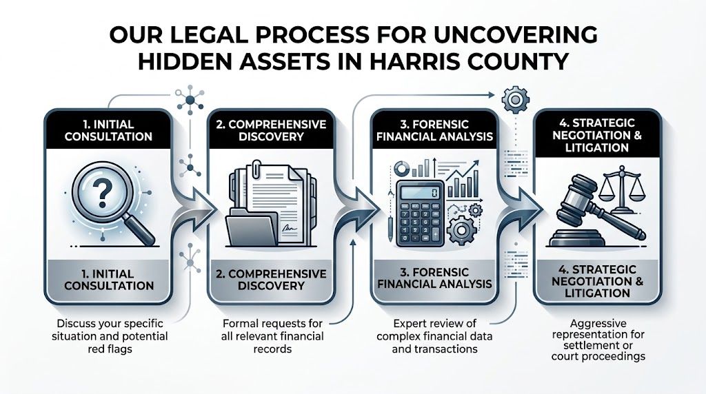 A four-step legal process infographic illustrating how to uncover hidden assets during a divorce case.