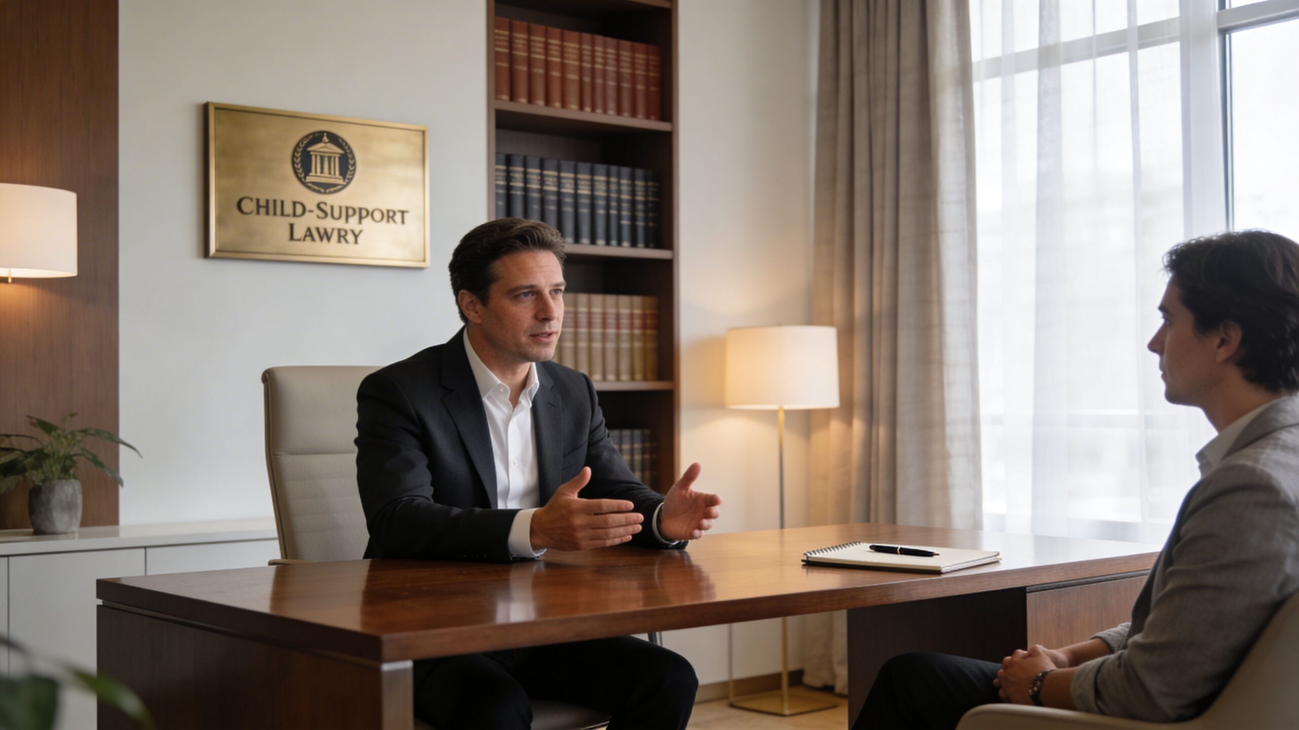 A professional attorney at his desk discussing legal matters with a client in a modern law office.