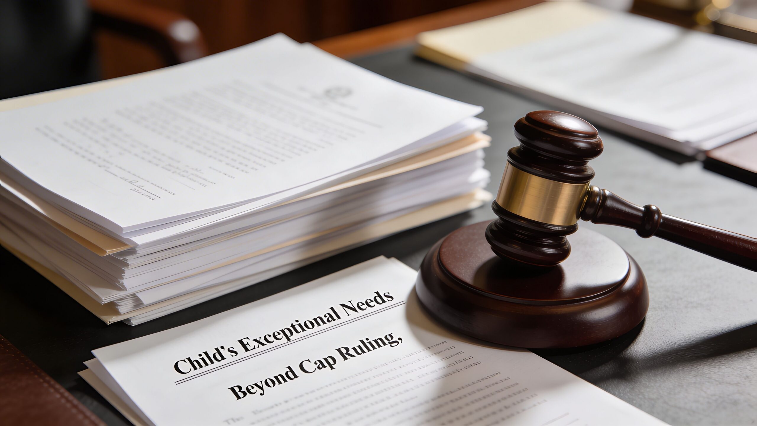 A wooden judge gavel resting on a desk next to legal documents and a child support ruling.
