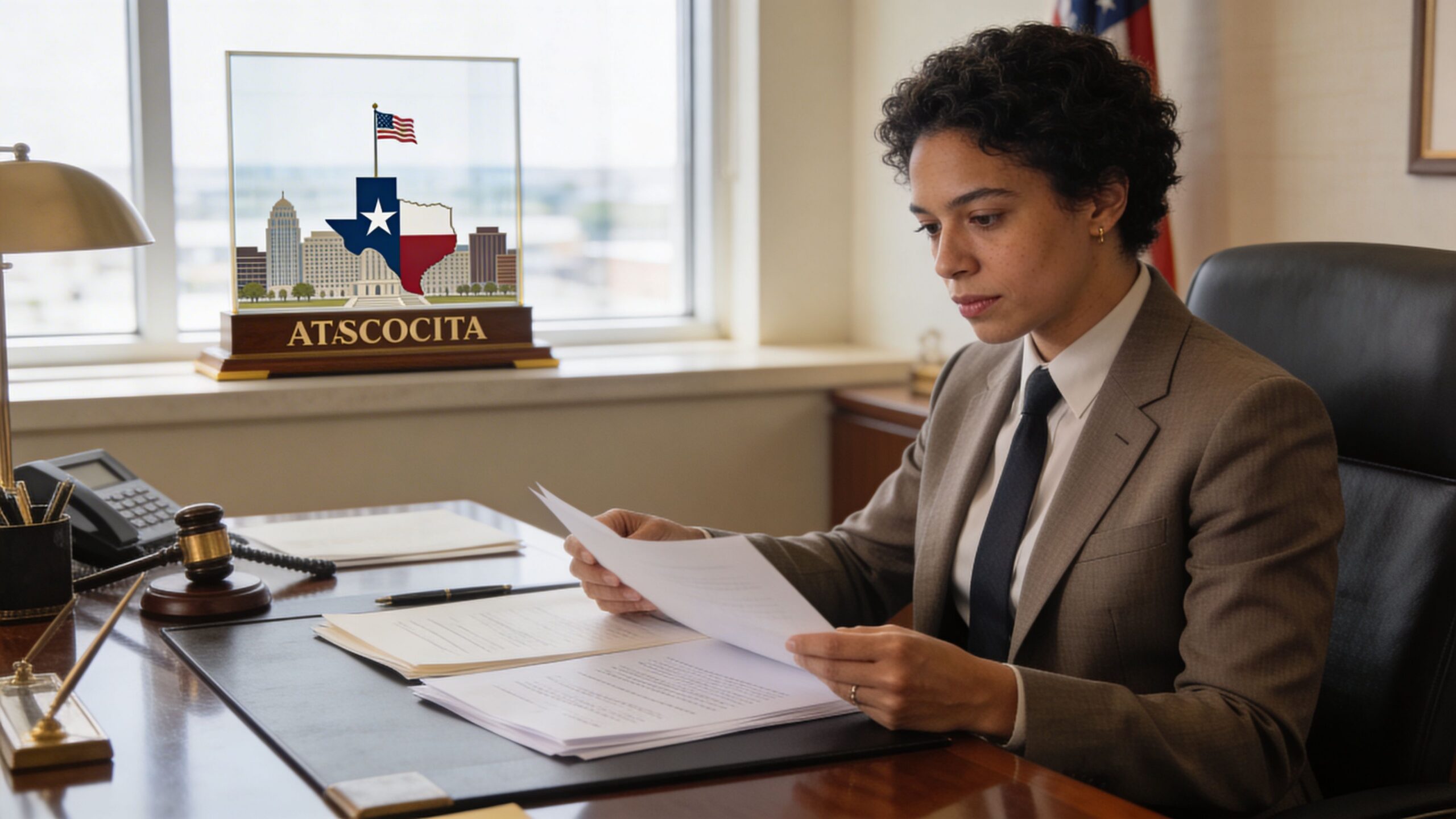 A professional attorney reviewing legal documents at her desk in an office featuring an Atascocita commemorative display.