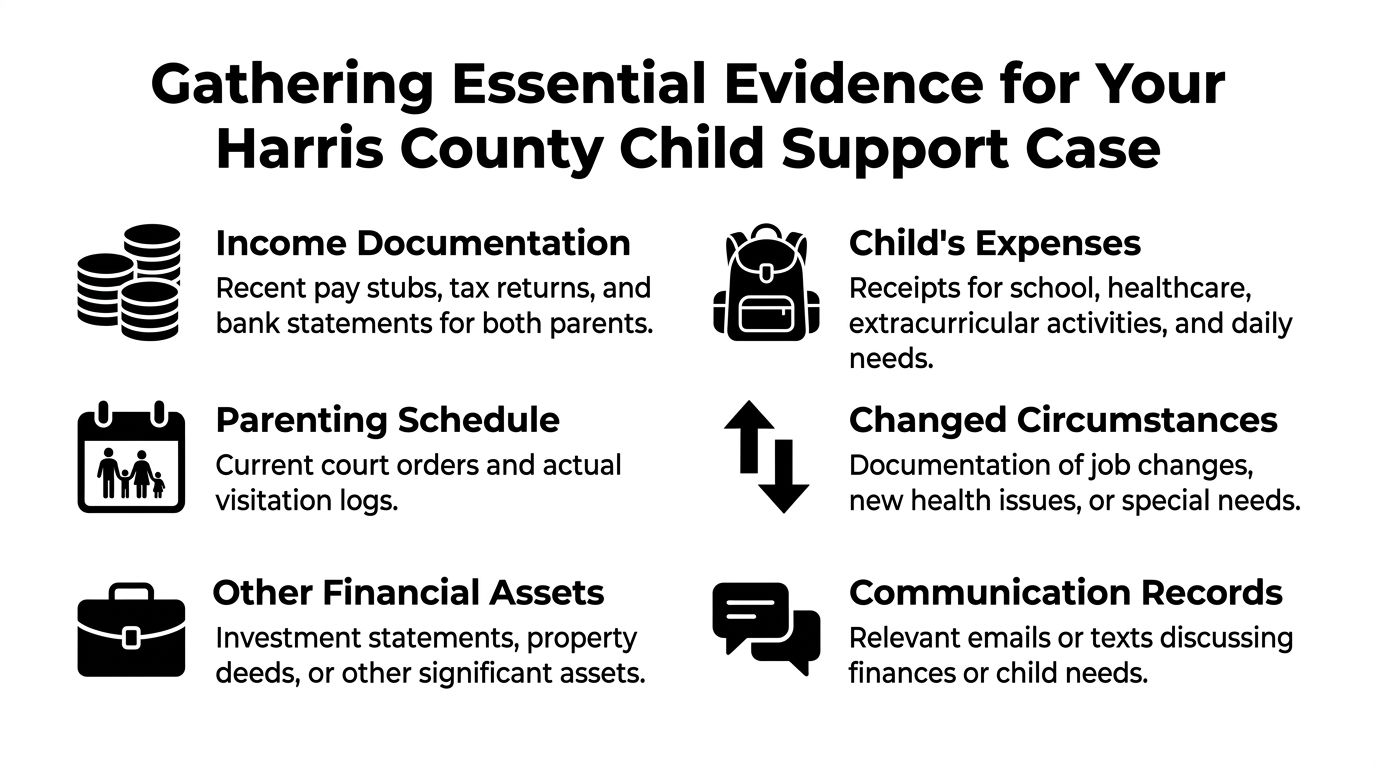 A list of essential evidence needed for a Harris County child support case, including financial and communication documents.