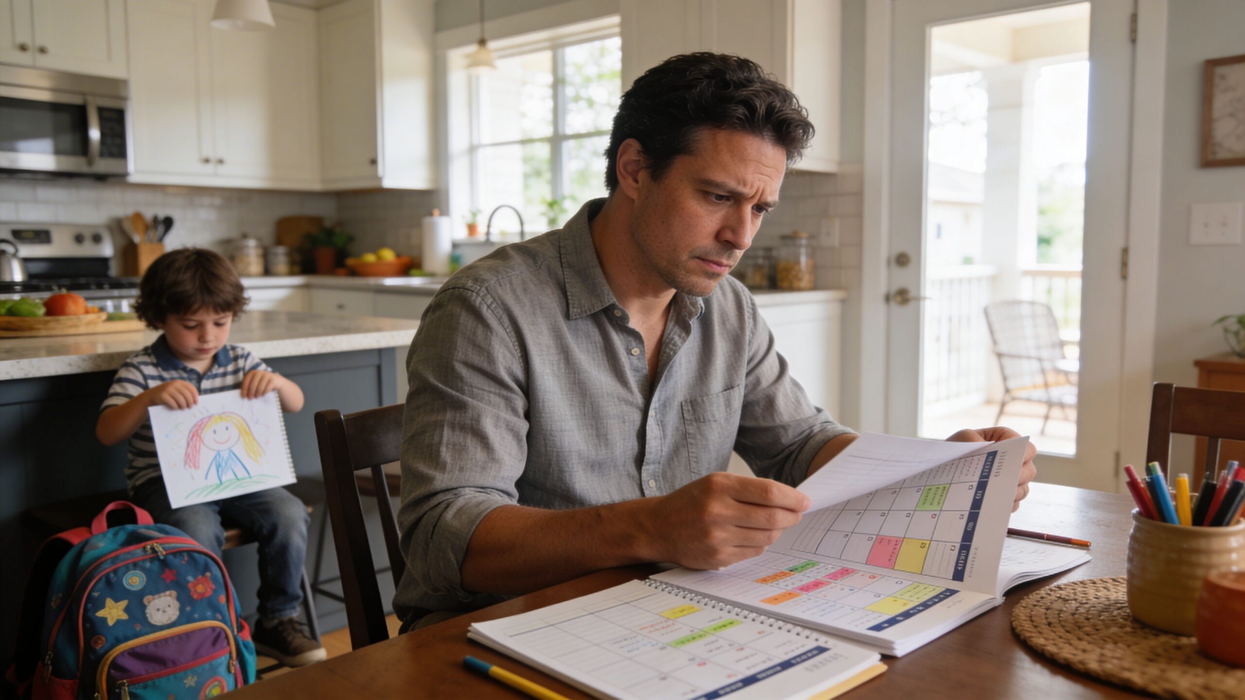 A focused father reviews financial planning documents at a kitchen table while his young son shows a drawing.