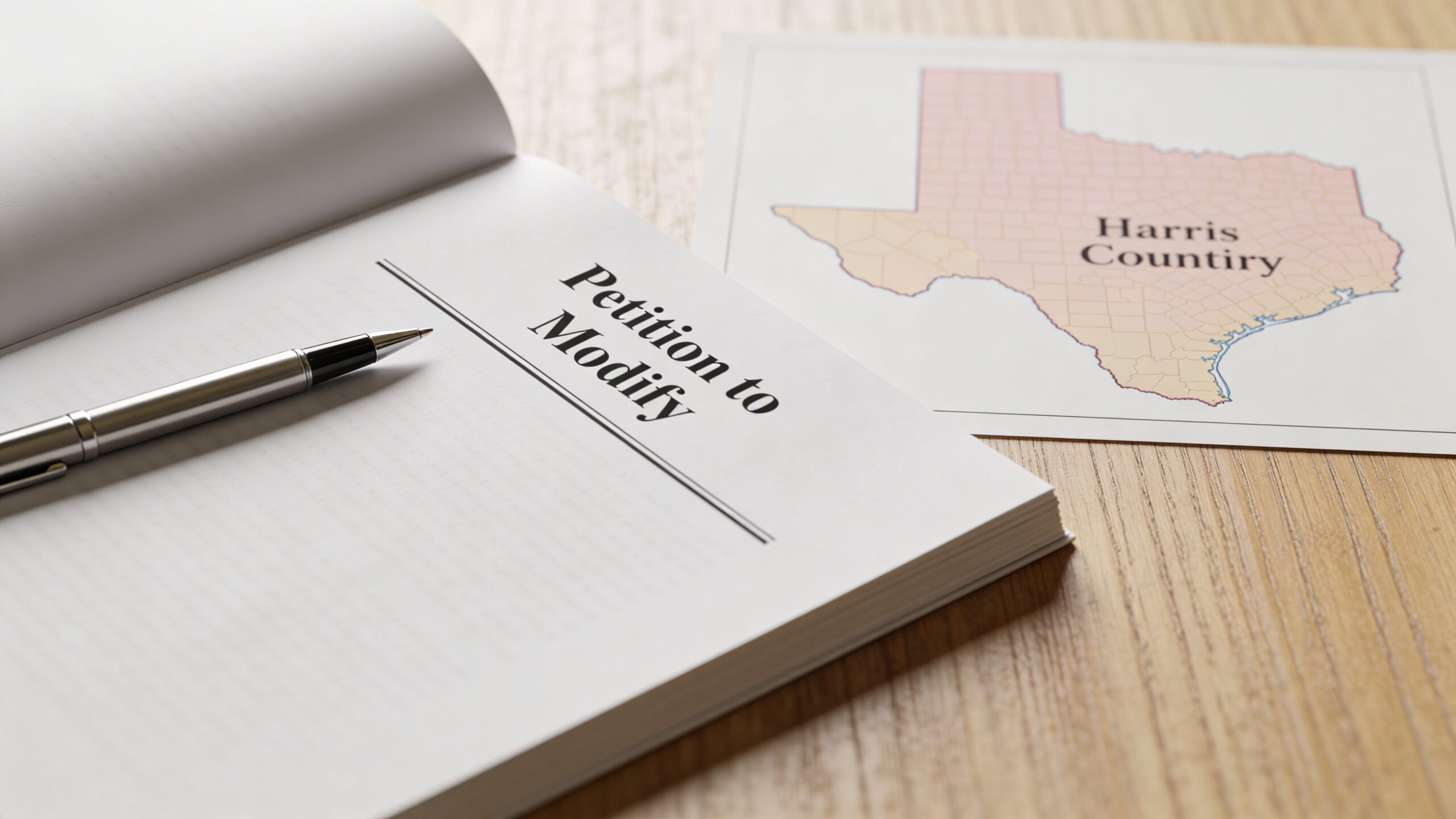 A legal Petition to Modify document with a pen, next to a map of Harris County, Texas.