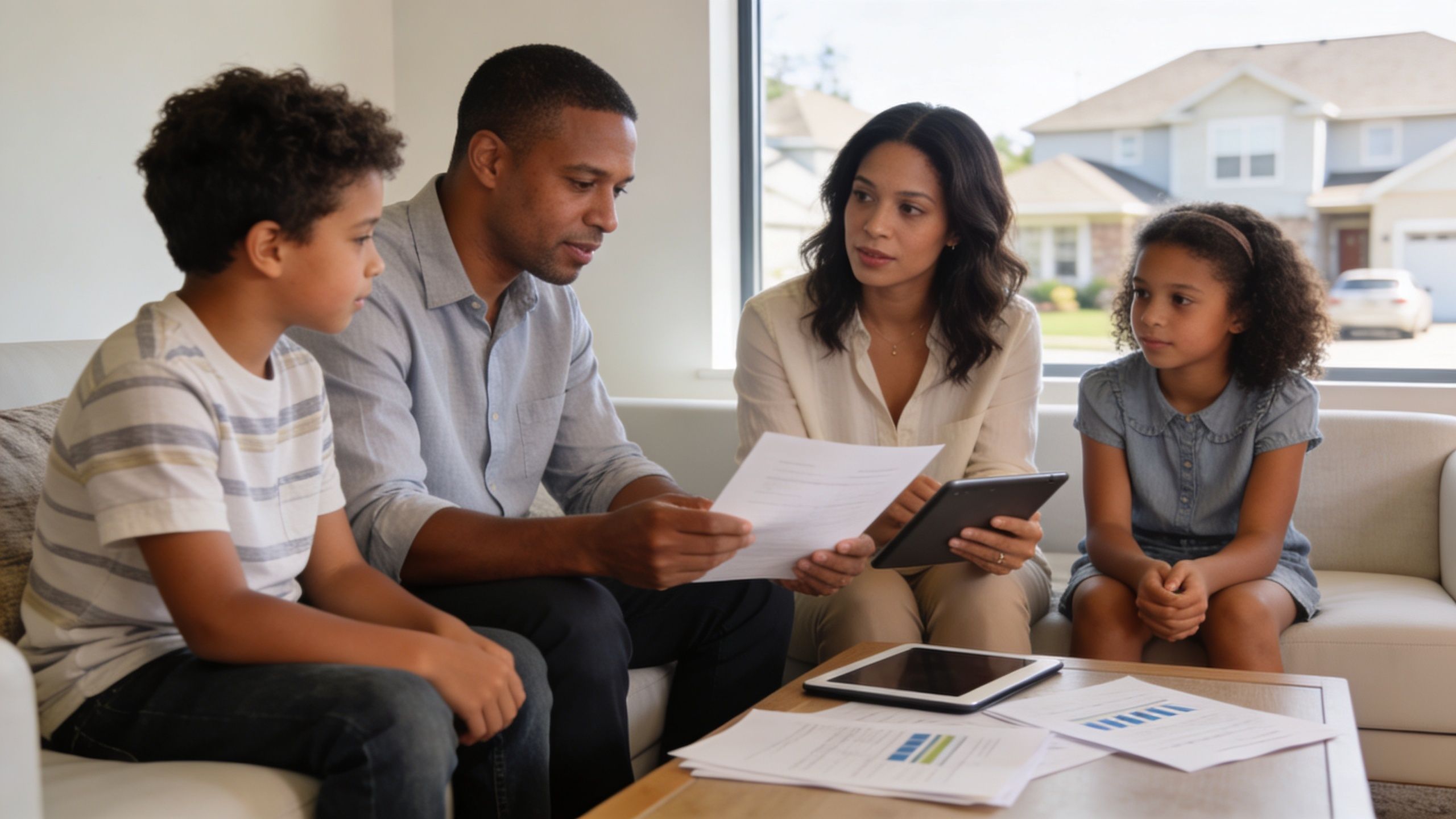A family of four sitting on a sofa discussing financial documents with a tablet together.