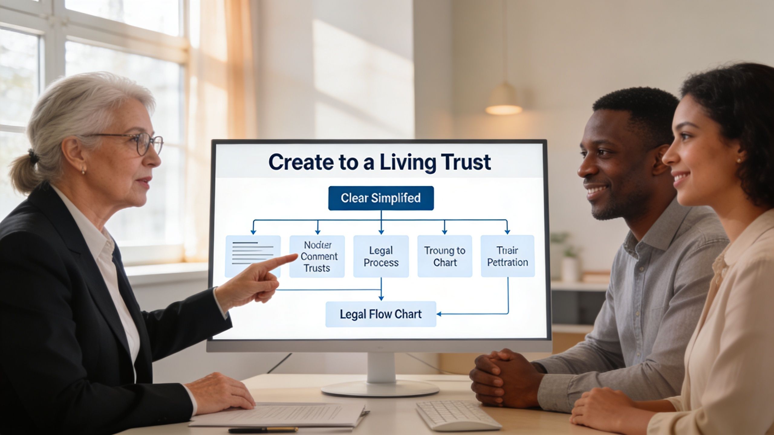 A professional attorney explaining a legal flow chart for creating a living trust to a couple.