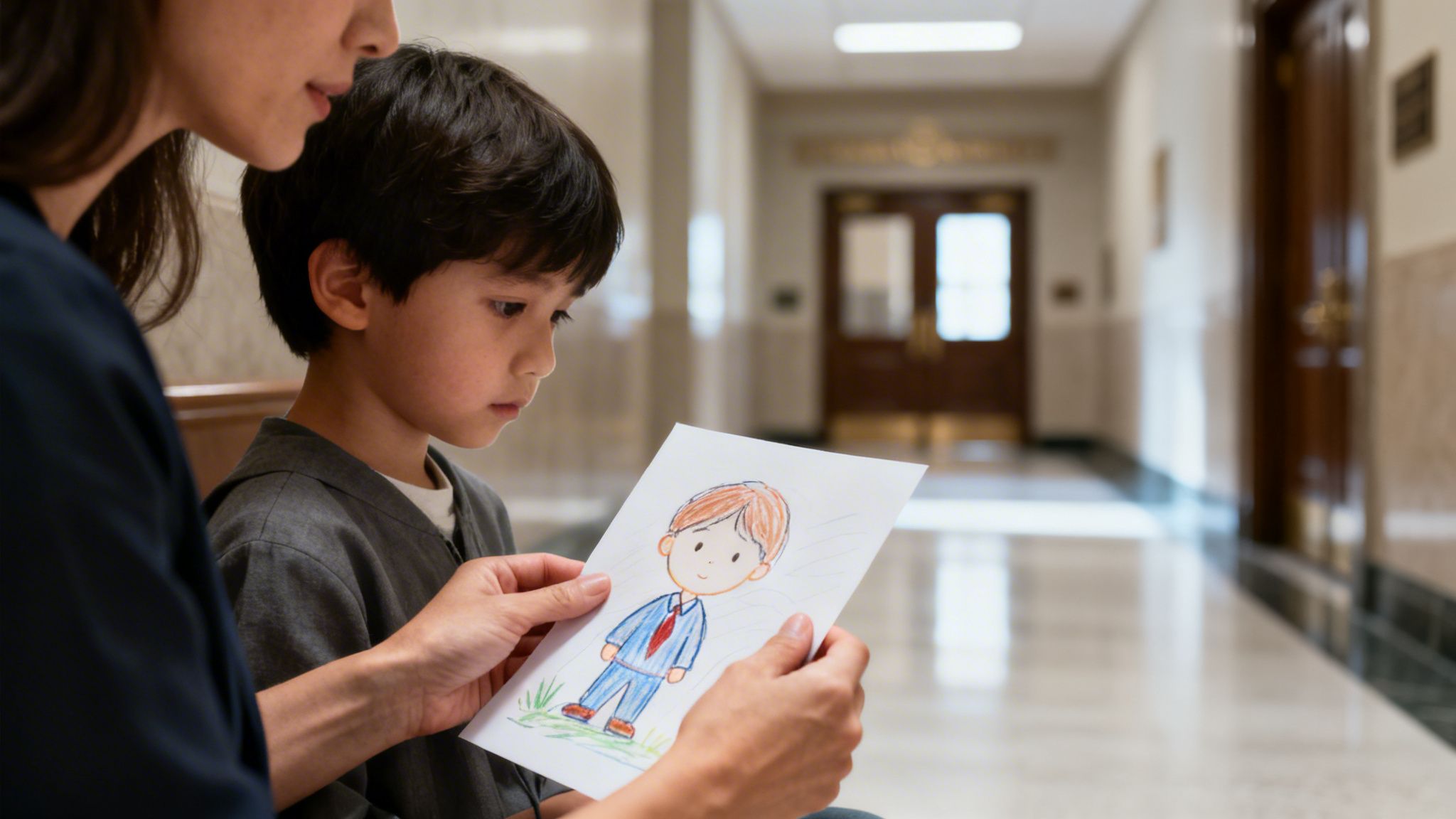 A young boy holds a drawing of a boy in a suit, sitting next to a woman.