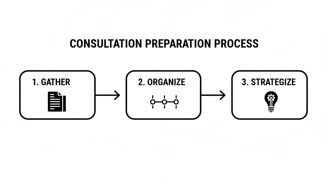 A three-step consultation preparation process: Gather documents, Organize information, and Strategize ideas.