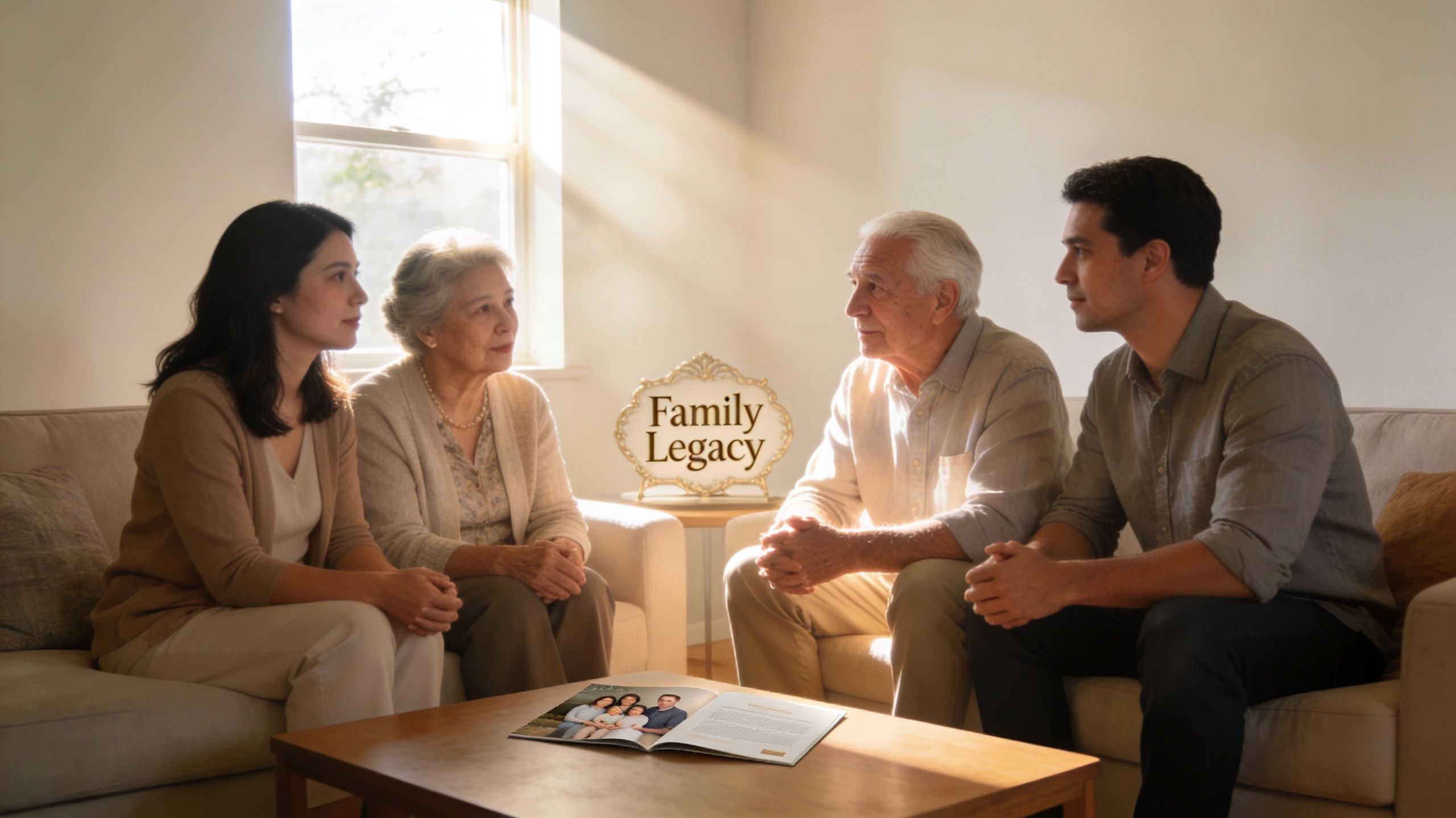 A multi-generational family sitting together in a living room discussing their family legacy with documents.