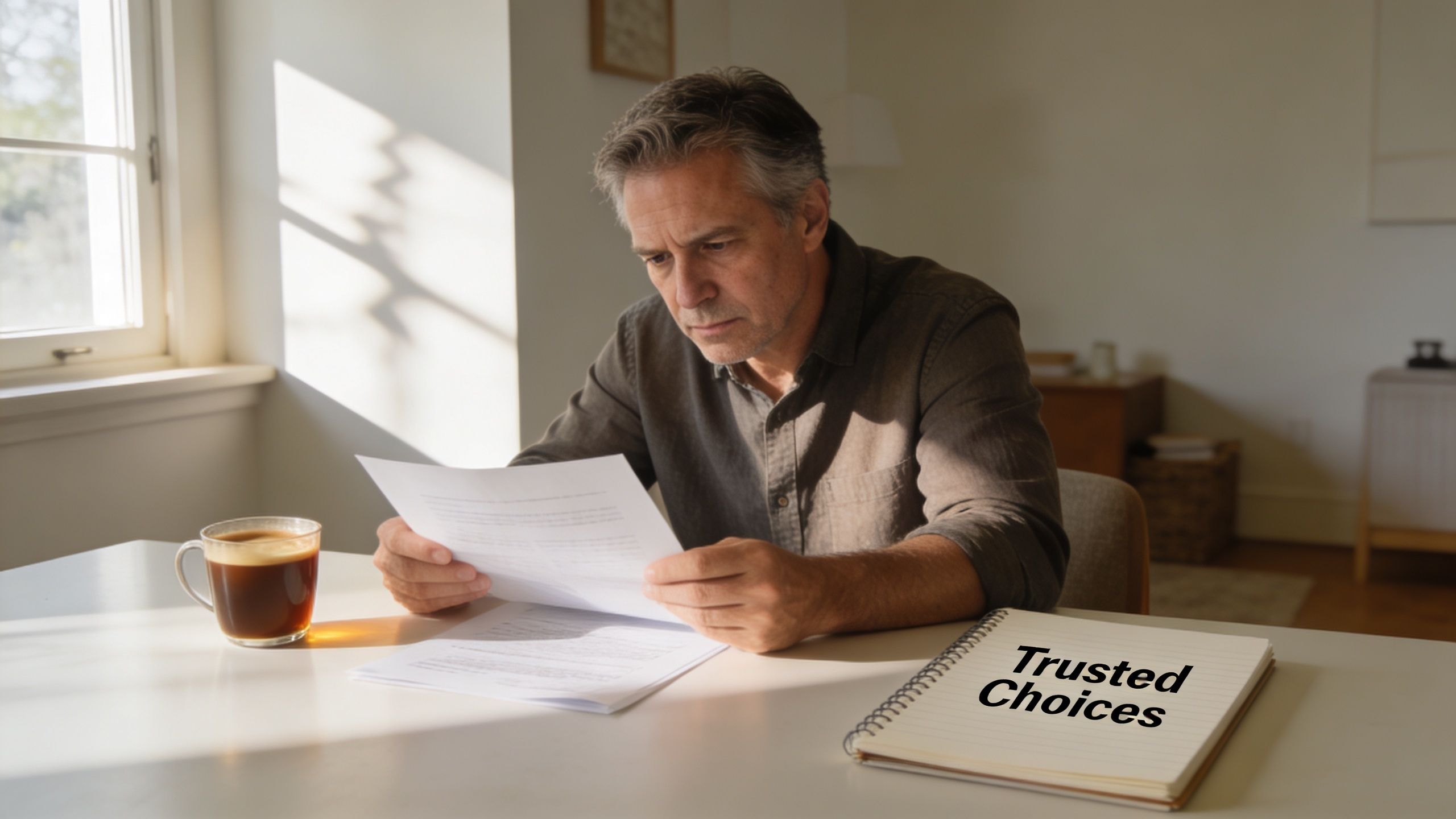 A middle aged man sits at a table reading important legal documents with a coffee nearby.