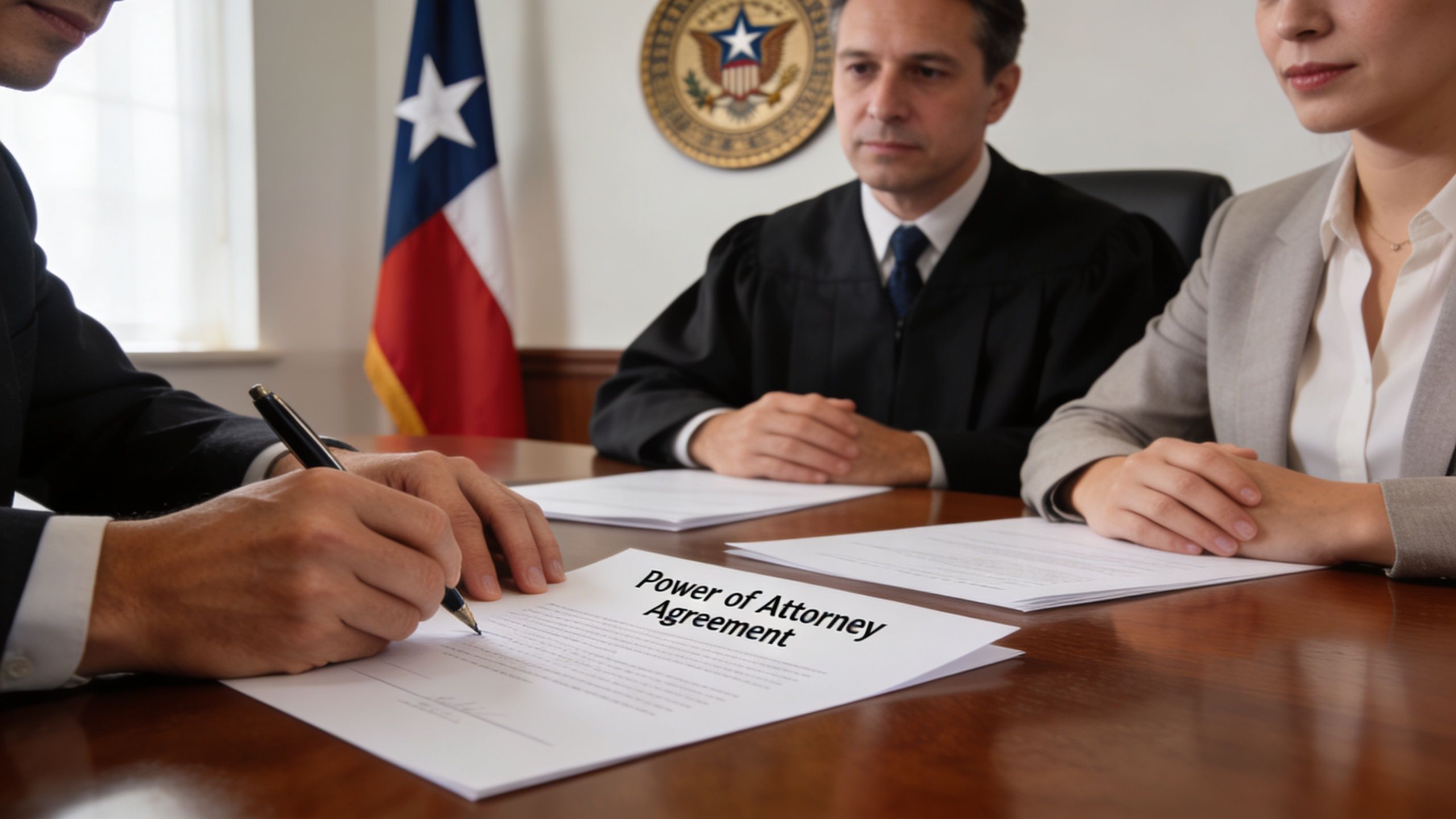 A person signing a Power of Attorney agreement with a judge and a woman present in a courtroom.