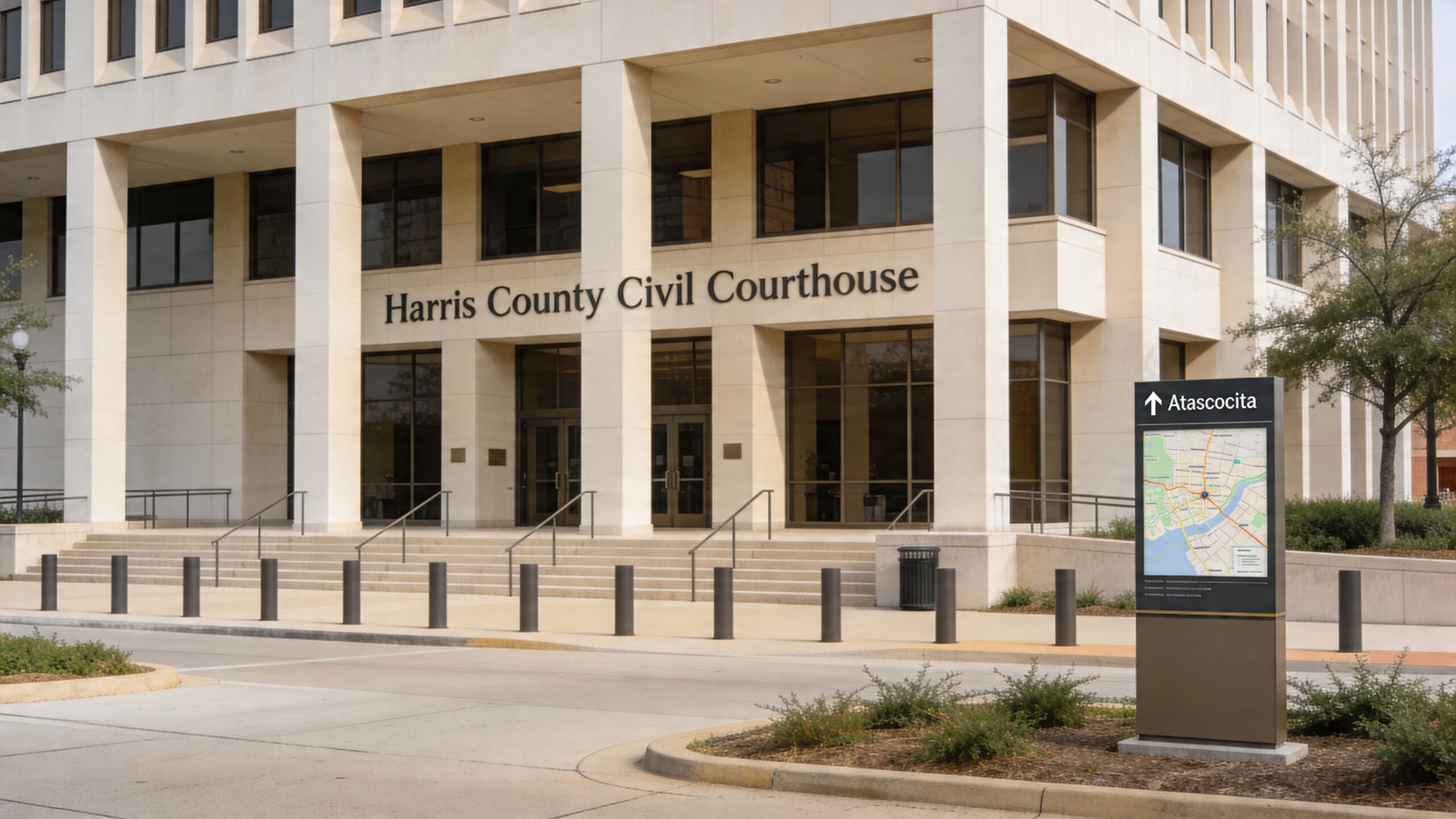 Exterior view of the modern Harris County Civil Courthouse building in Houston with a directional sign.