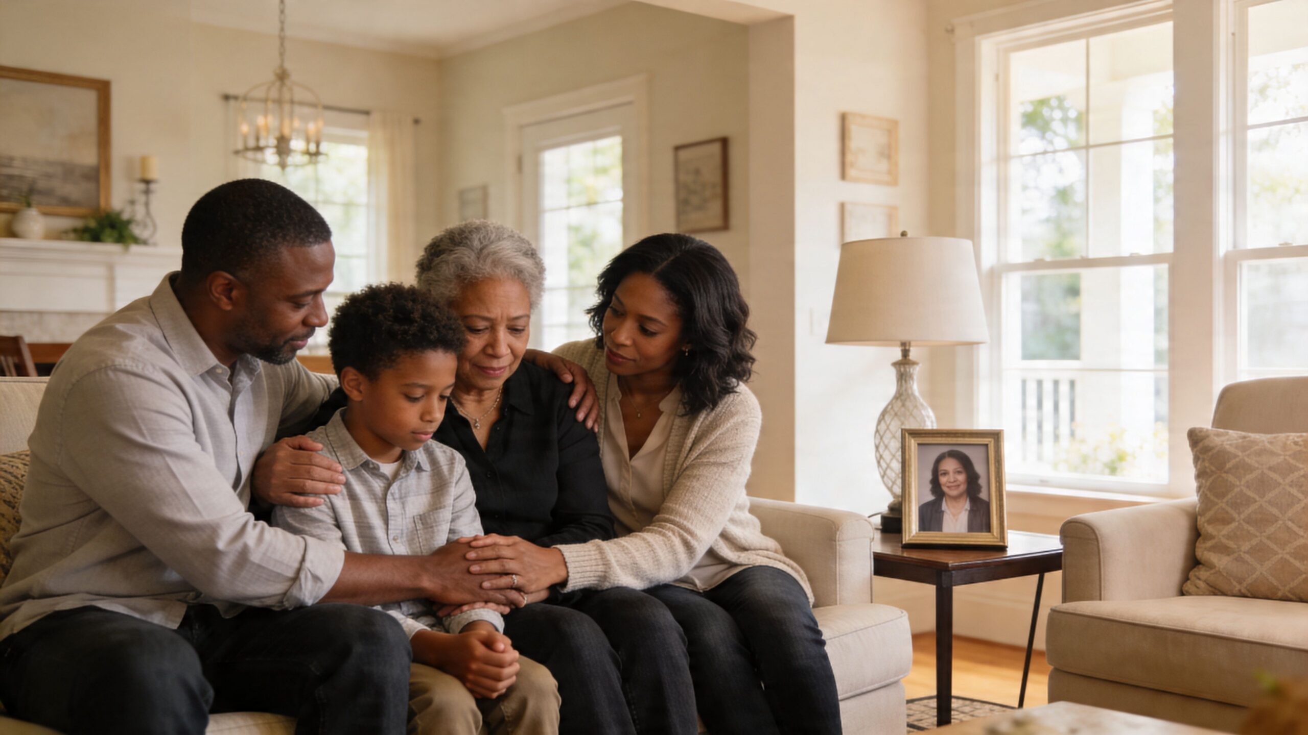 A supportive family sits together on a couch, offering comfort and emotional support to one another.