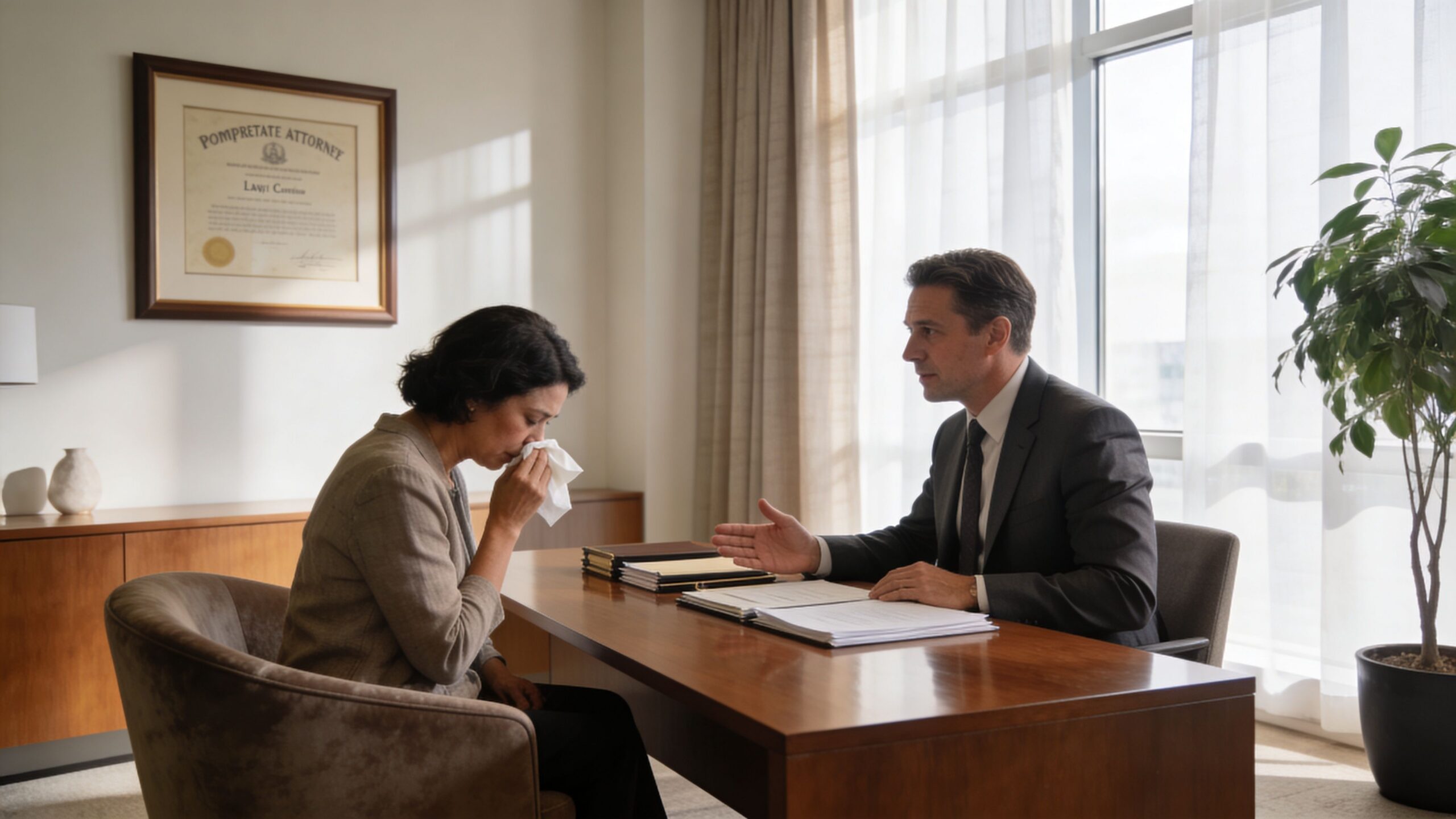 A professional probate litigation attorney consults with a grieving client during a sensitive legal meeting in an office.