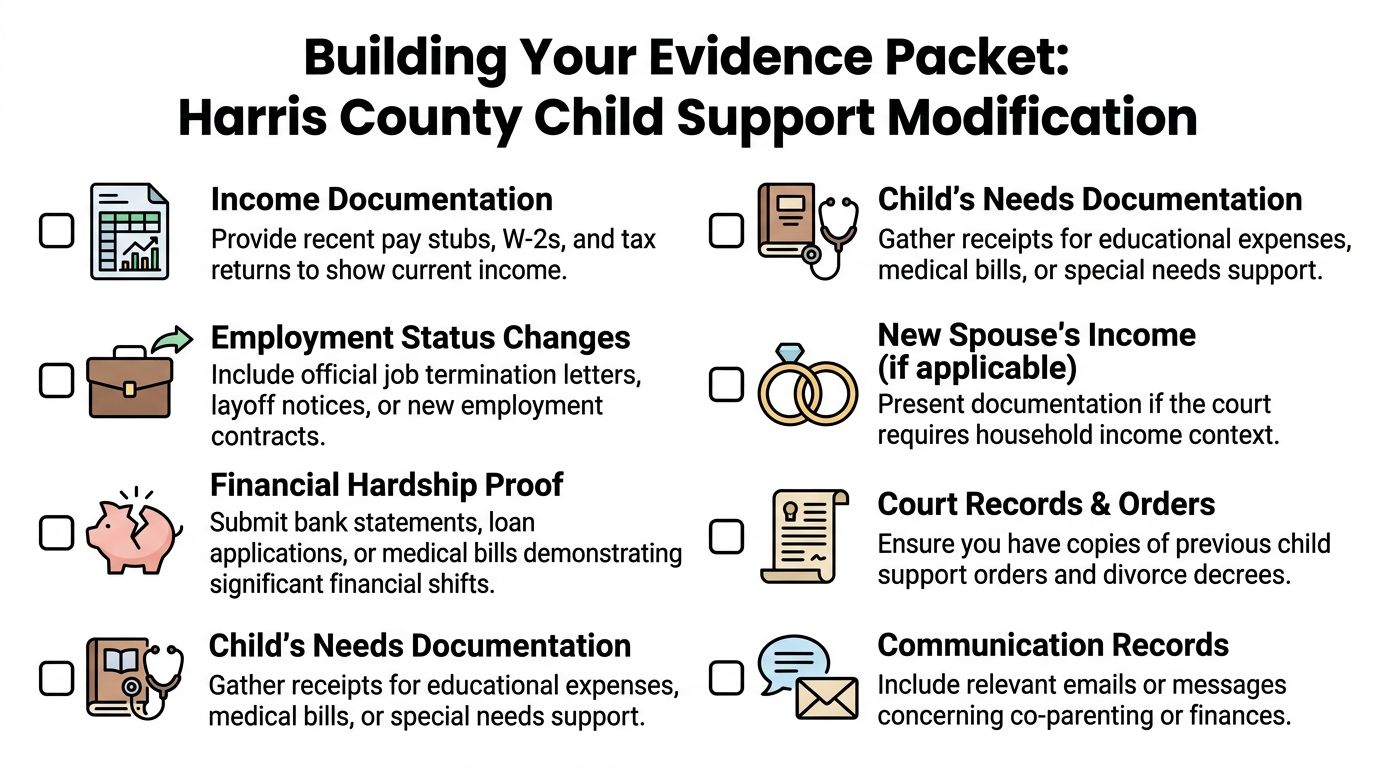 A checklist for Harris County child support modification evidence including financial, medical, and communication documents to provide.