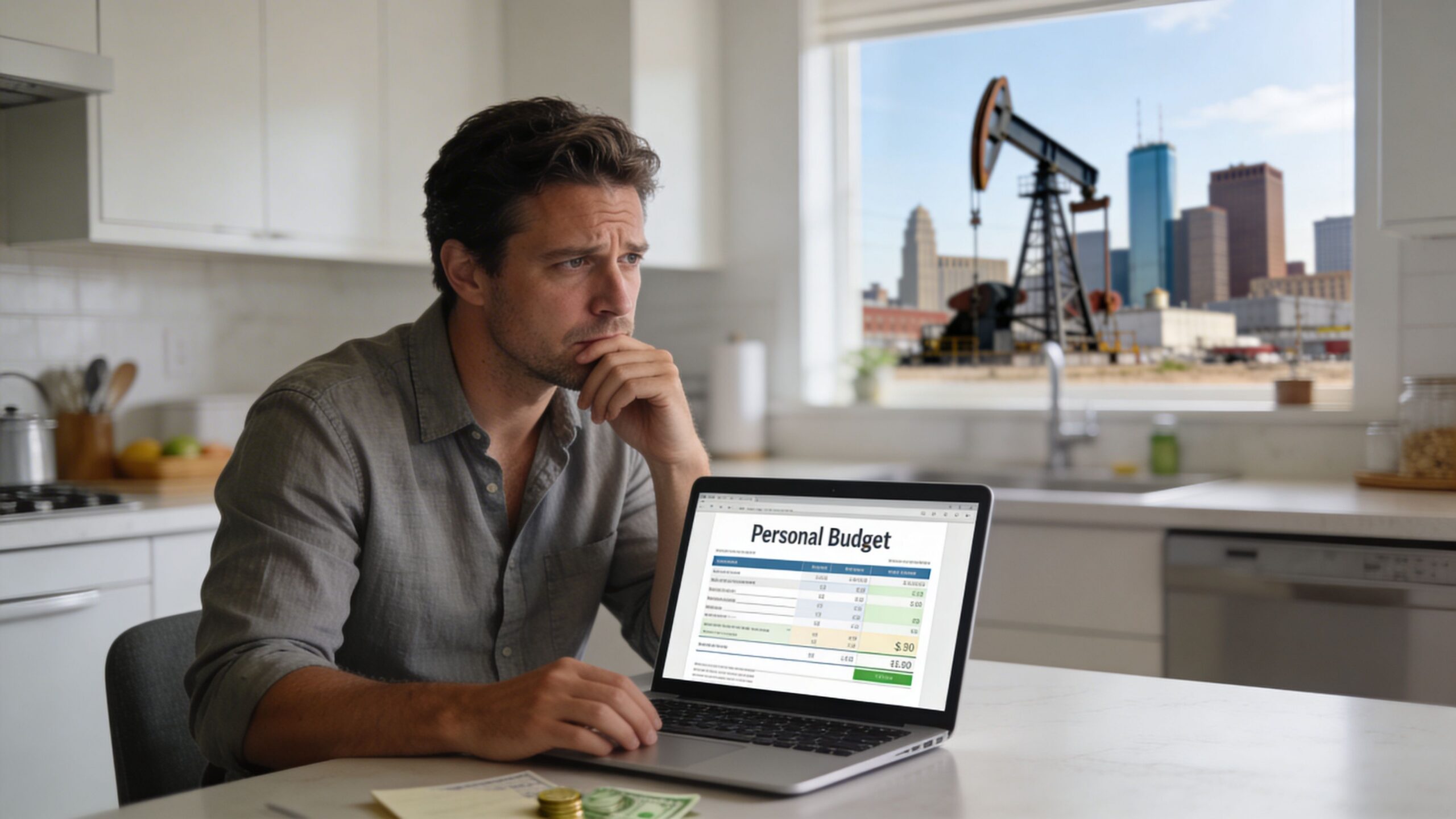 A concerned man sitting at a kitchen table while reviewing personal budget figures on his laptop.