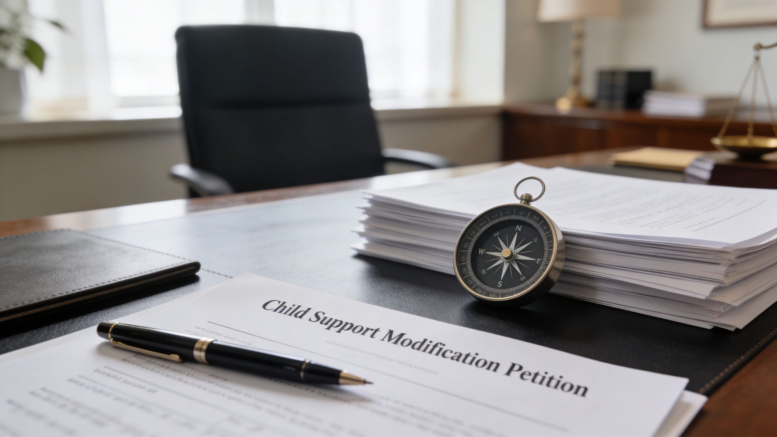 A legal office desk featuring a child support modification petition document, a fountain pen, and a compass.
