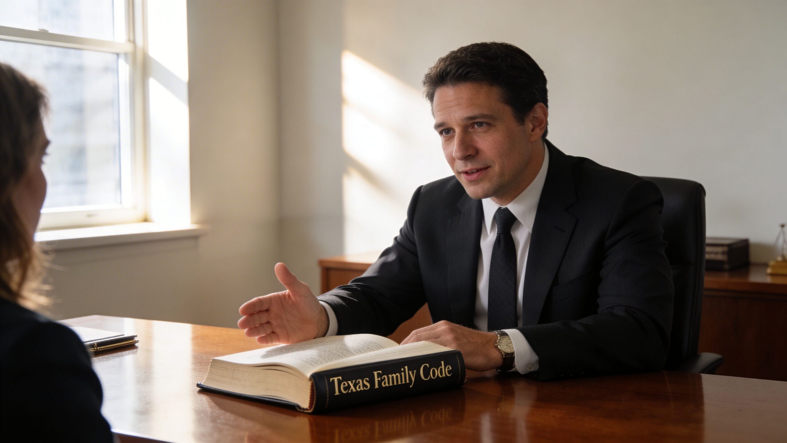 A professional male lawyer sitting at a desk explaining legal information from the Texas Family Code book.