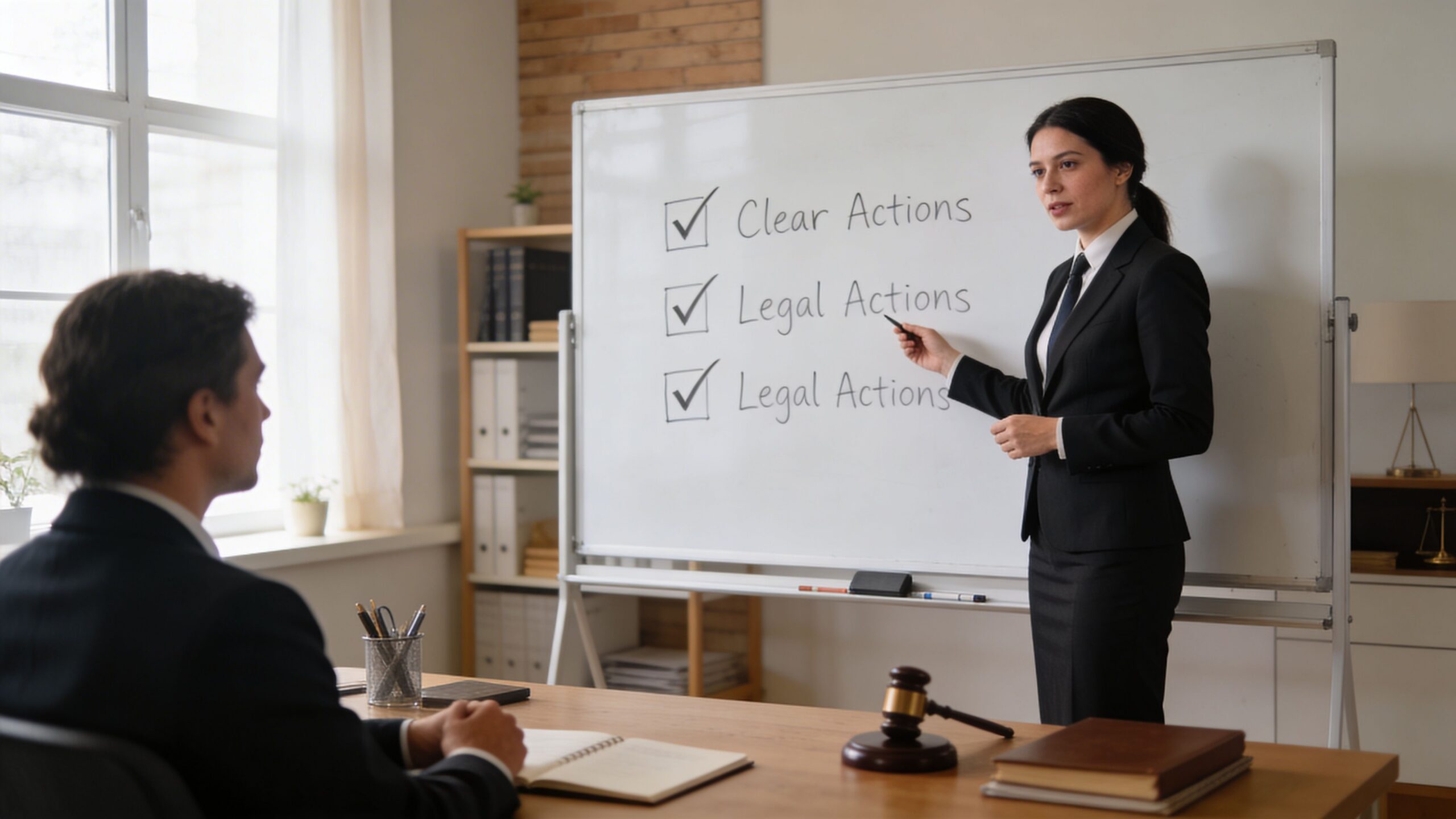 A professional female lawyer presenting legal strategies on a whiteboard to a male client in an office.