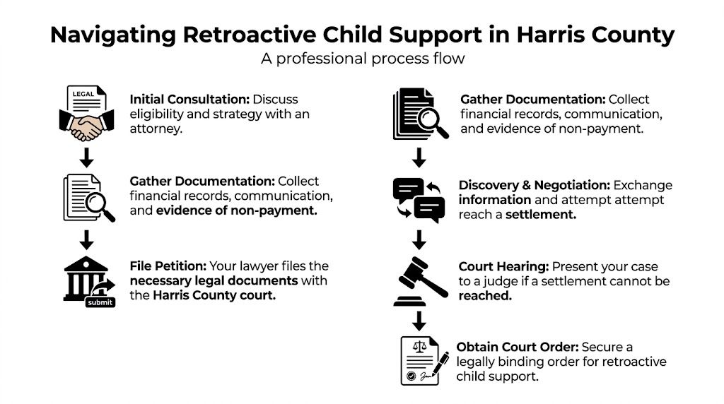 A professional flow chart illustrating the steps to pursue retroactive child support in Harris County courts.