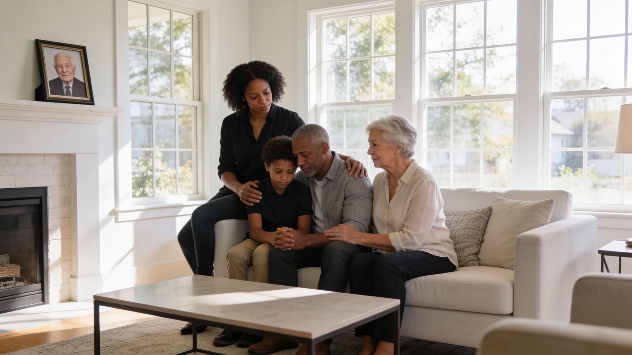 A multi-generational family sitting together on a sofa, looking supportive while grieving in a living room.