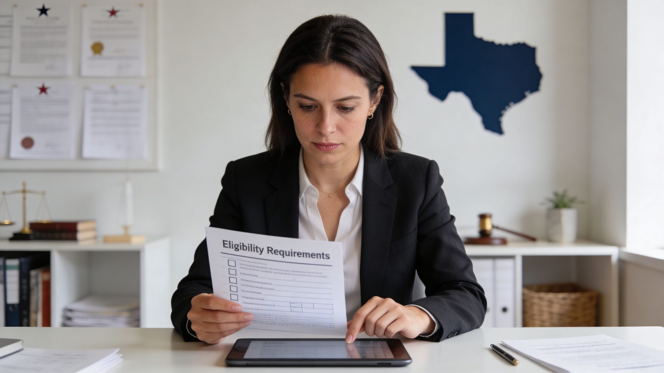 A professional female lawyer sitting at her desk, reviewing eligibility requirements for a legal document.
