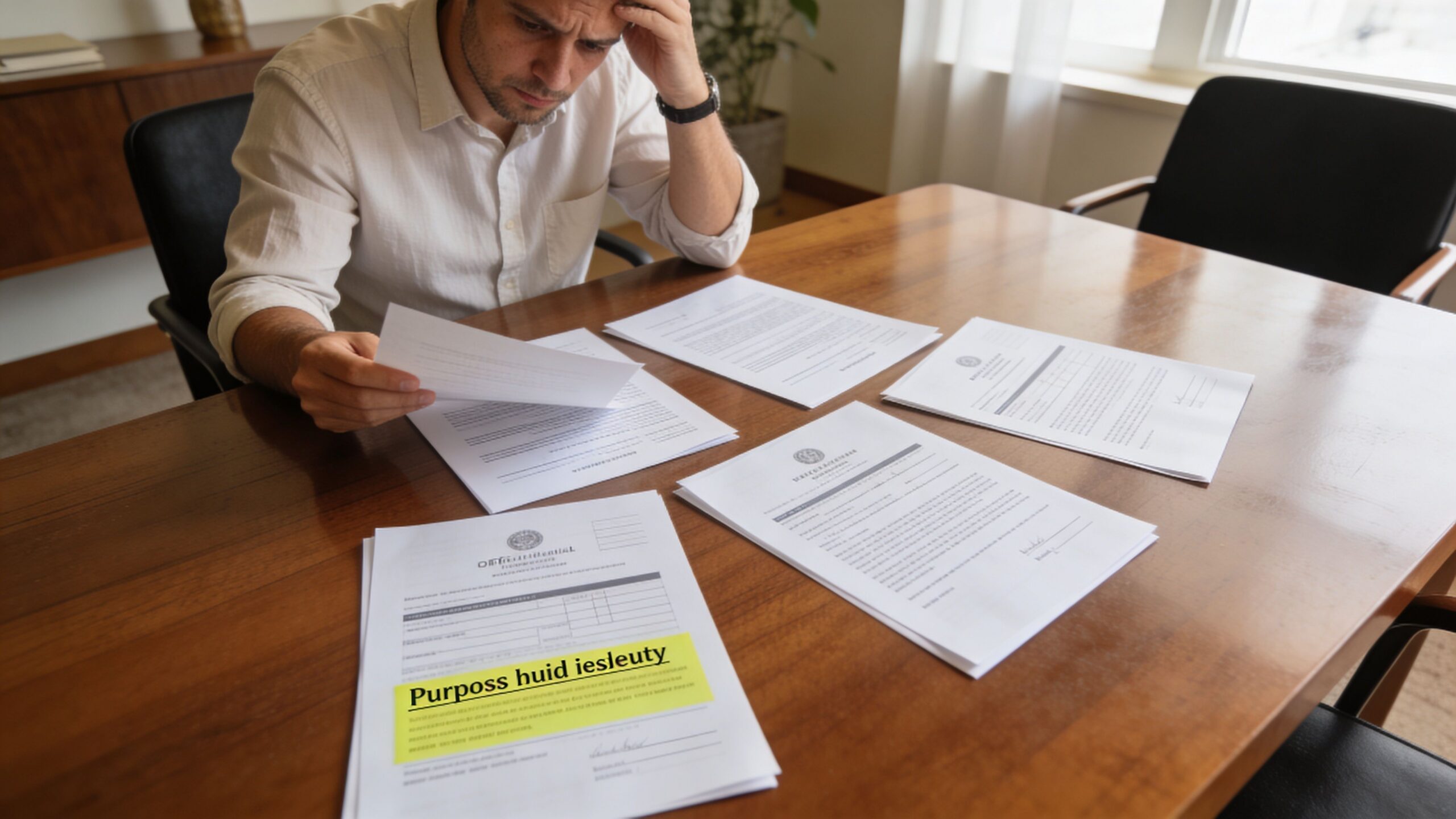 A concerned professional reviewing legal documents at a wooden office desk while looking stressed.