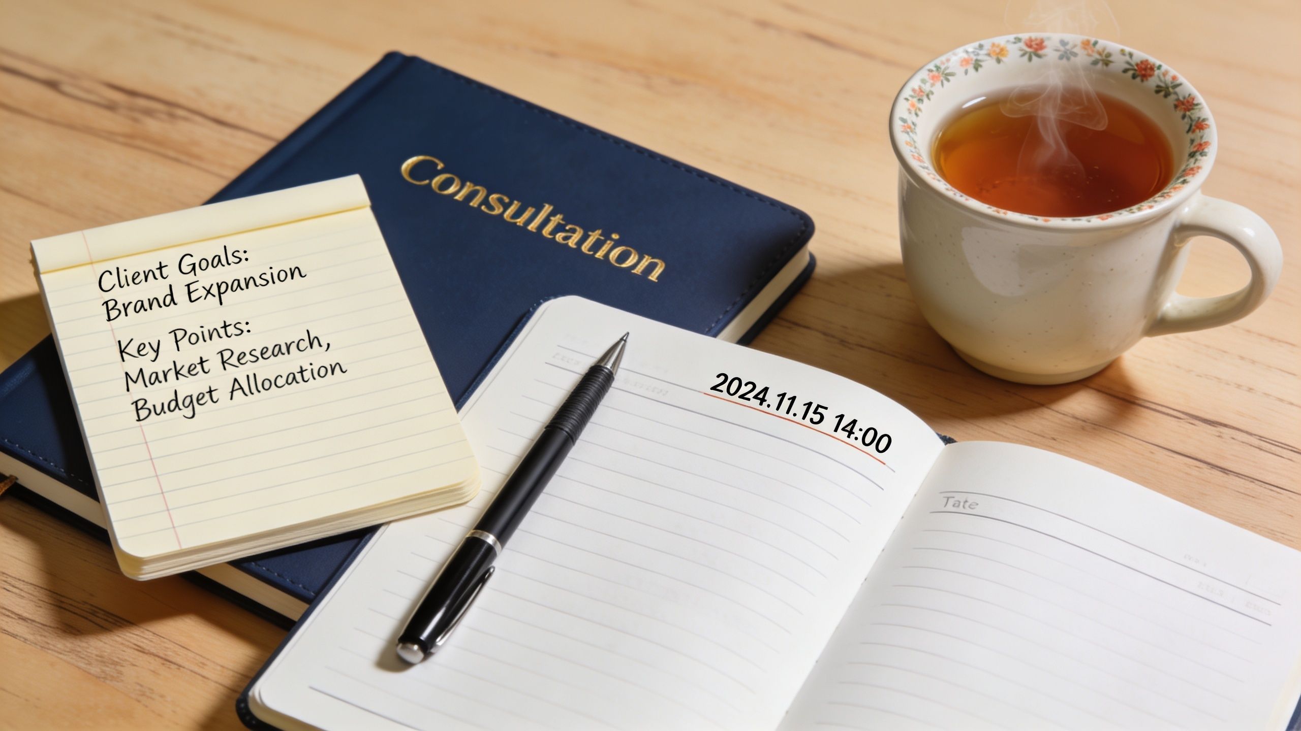 A consultation notepad with project goals and notes resting on a desk with a date and coffee.