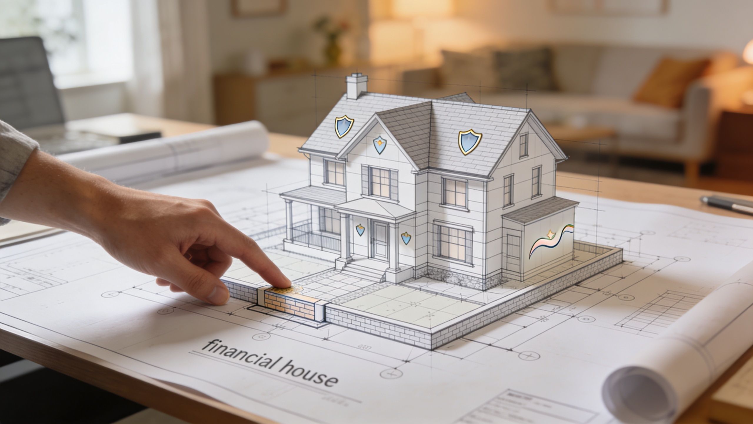 A professional reviewing a house architectural blueprint representing a financial home and secure wealth building plan.