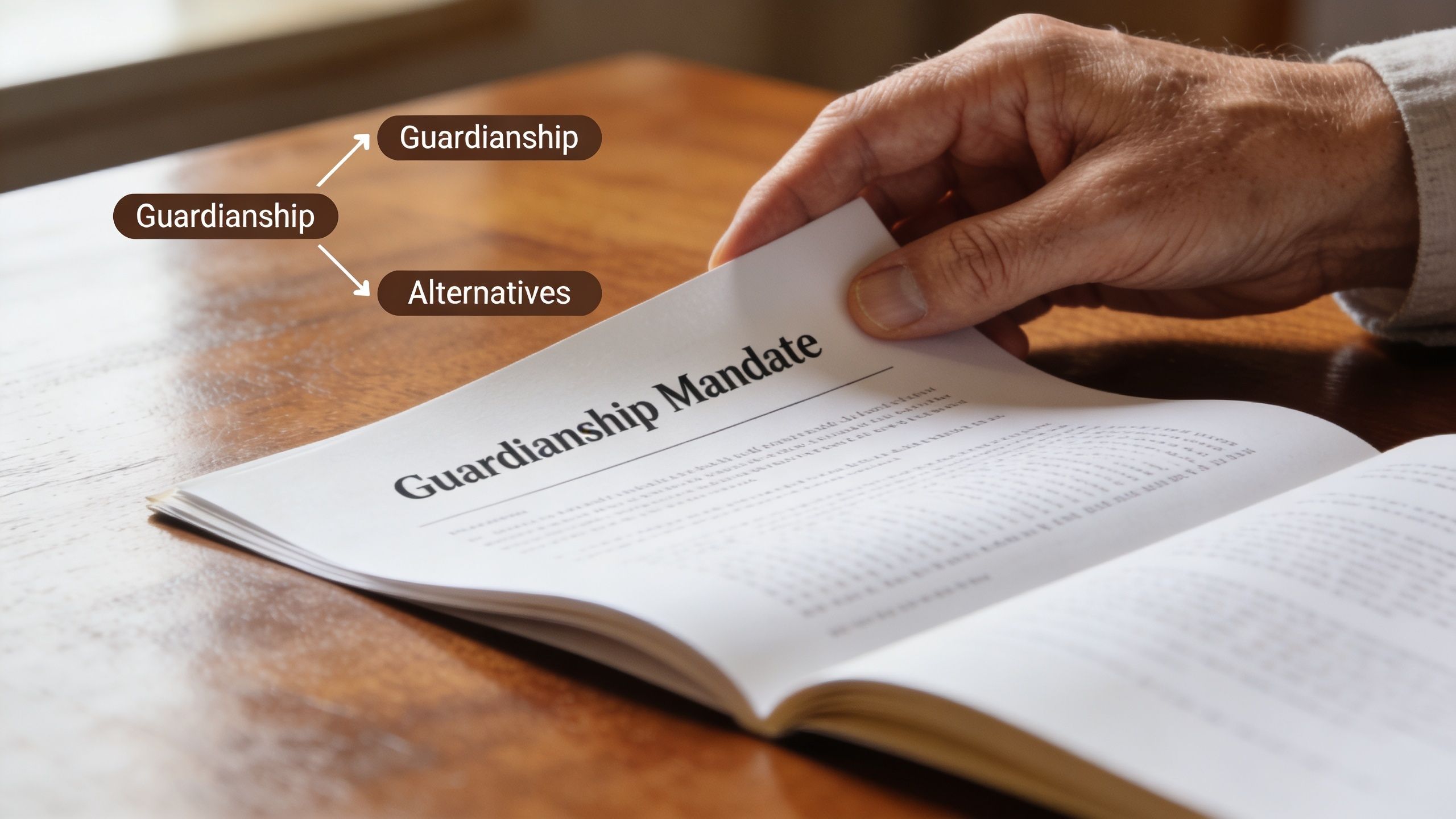 An elderly person holding a document titled Guardianship Mandate, illustrating legal planning concepts for care.