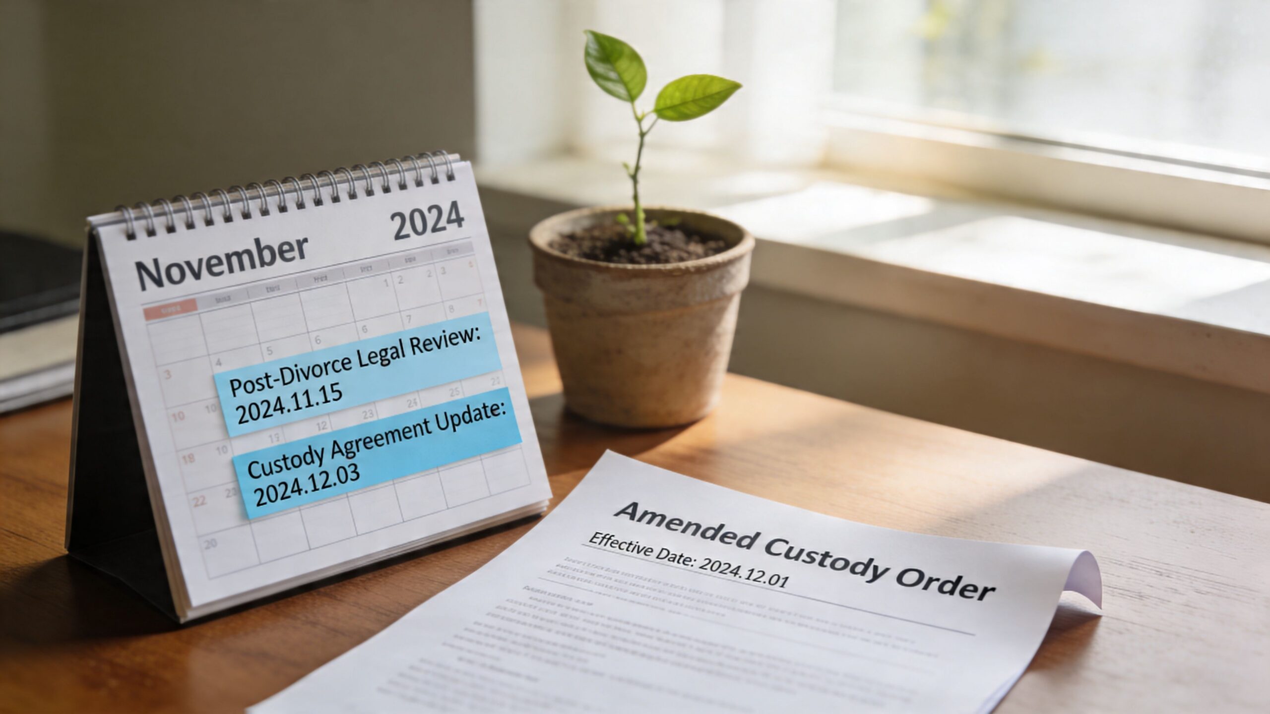 A calendar showing legal dates alongside a document titled Amended Custody Order on a wooden desk.