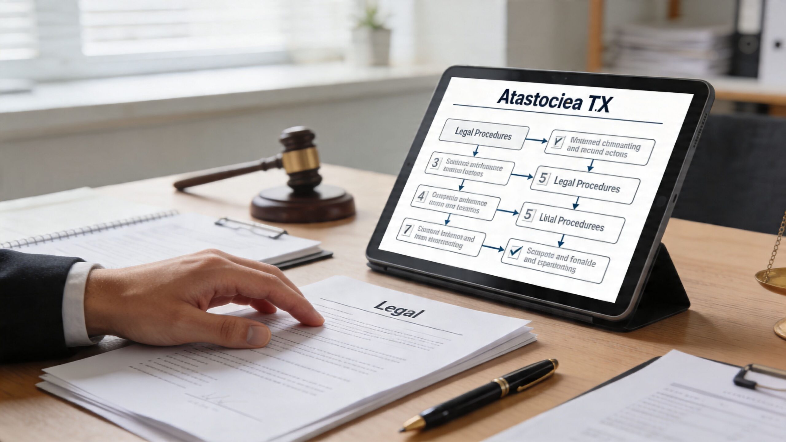 A professional attorney reviews legal documents on a desk with a gavel and a digital flow chart.