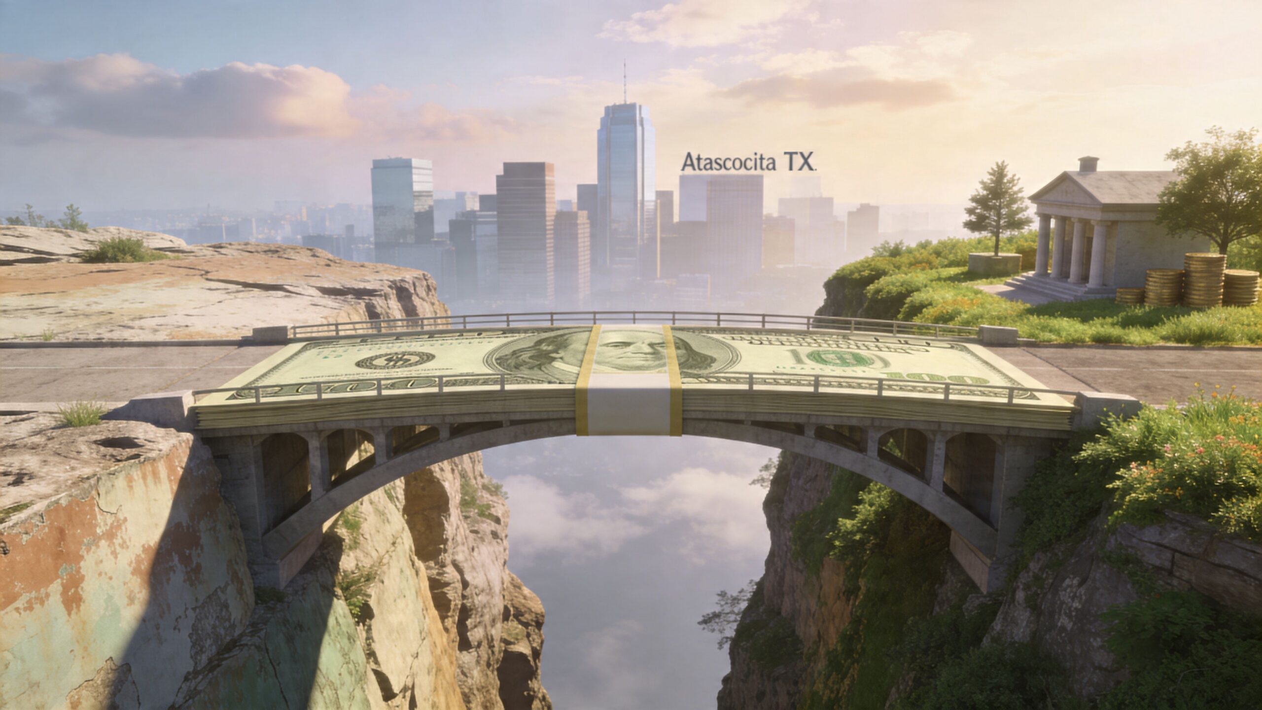 A bridge made of stacked hundred dollar bills spanning a canyon toward a modern city skyline.