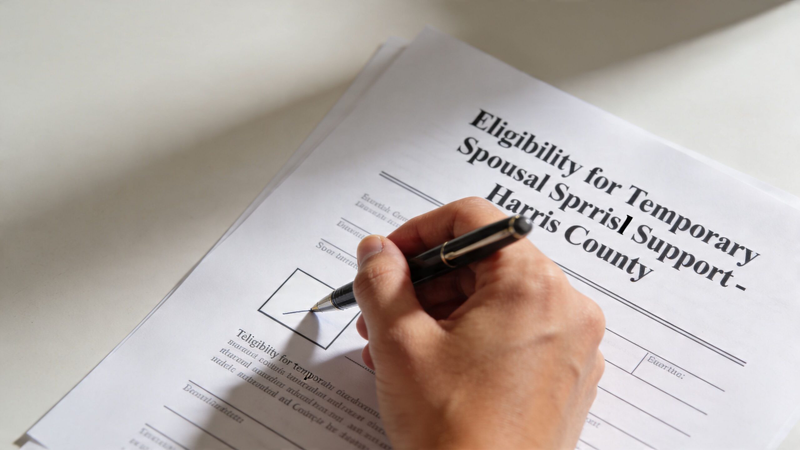 A person using a black pen to fill out a legal document for temporary spousal support.