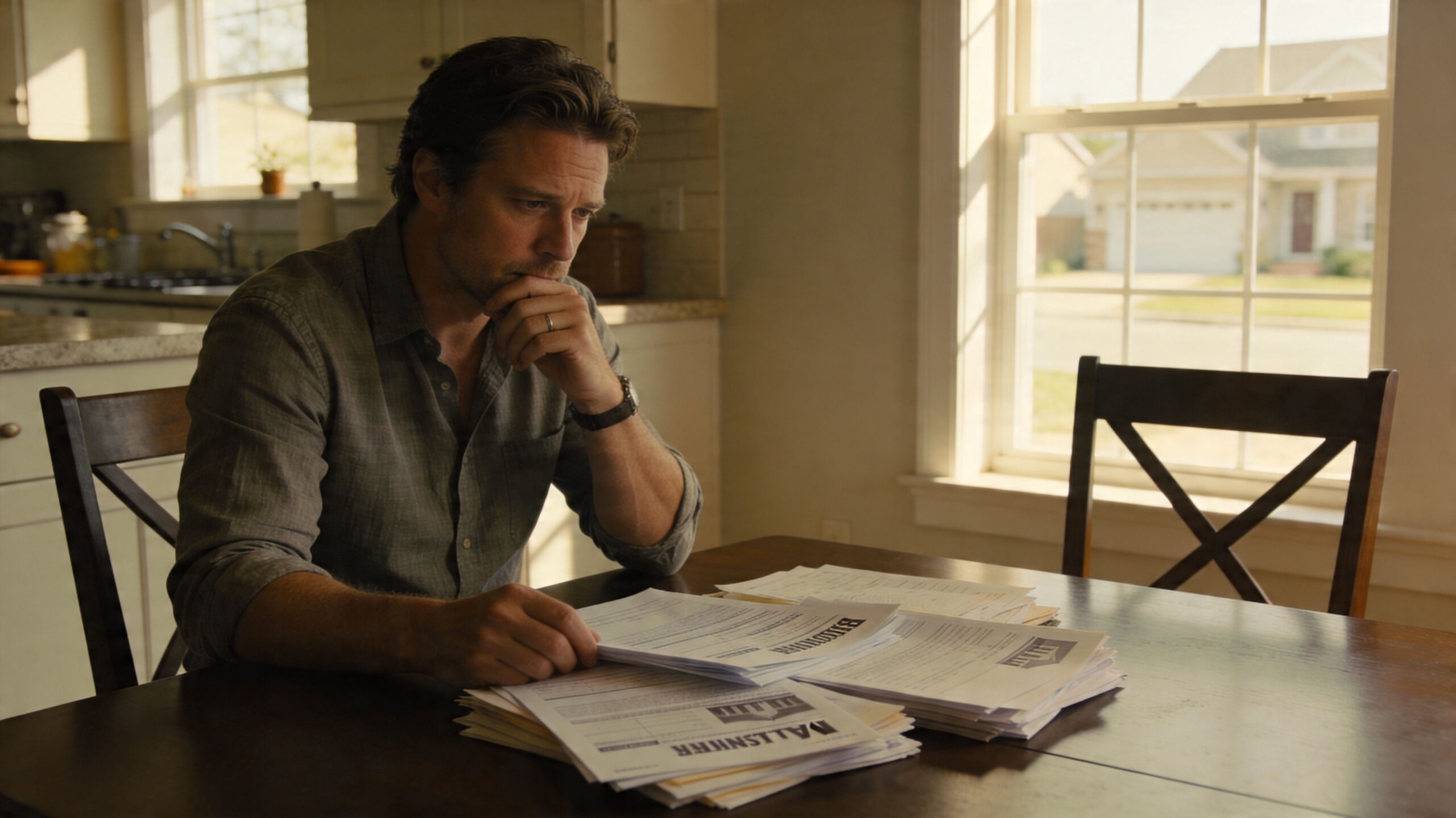 A man sits at a dining table at home, thoughtfully reviewing stacks of legal documents and paperwork.